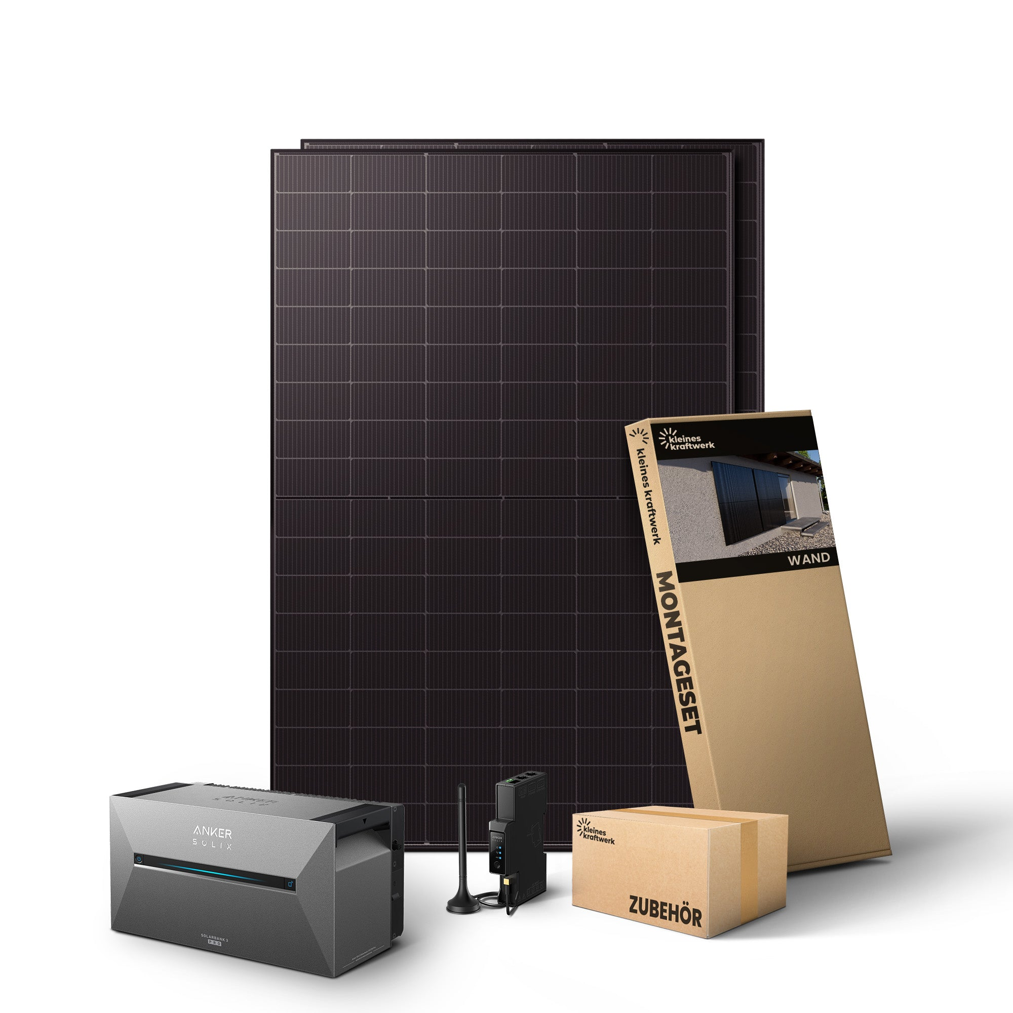 Solaranlage mit schwarzen Panels, Anker Solix Batterie, Montageset und Zubehör vor weißem Hintergrund.