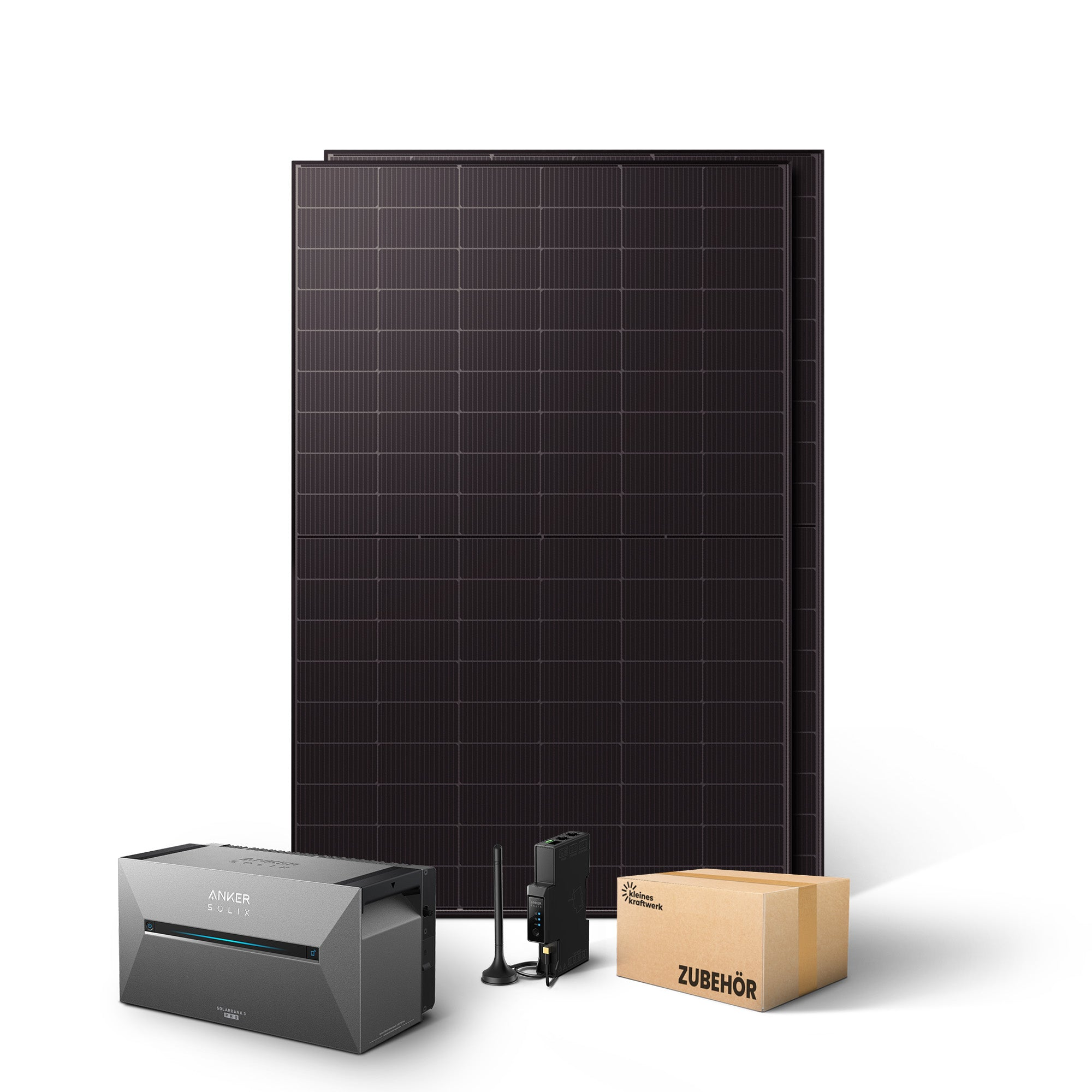 Zwei schwarze Solarmodule, eine graue Anker-Powerstation, ein kleiner schwarzer Router und ein Zubehörkarton.