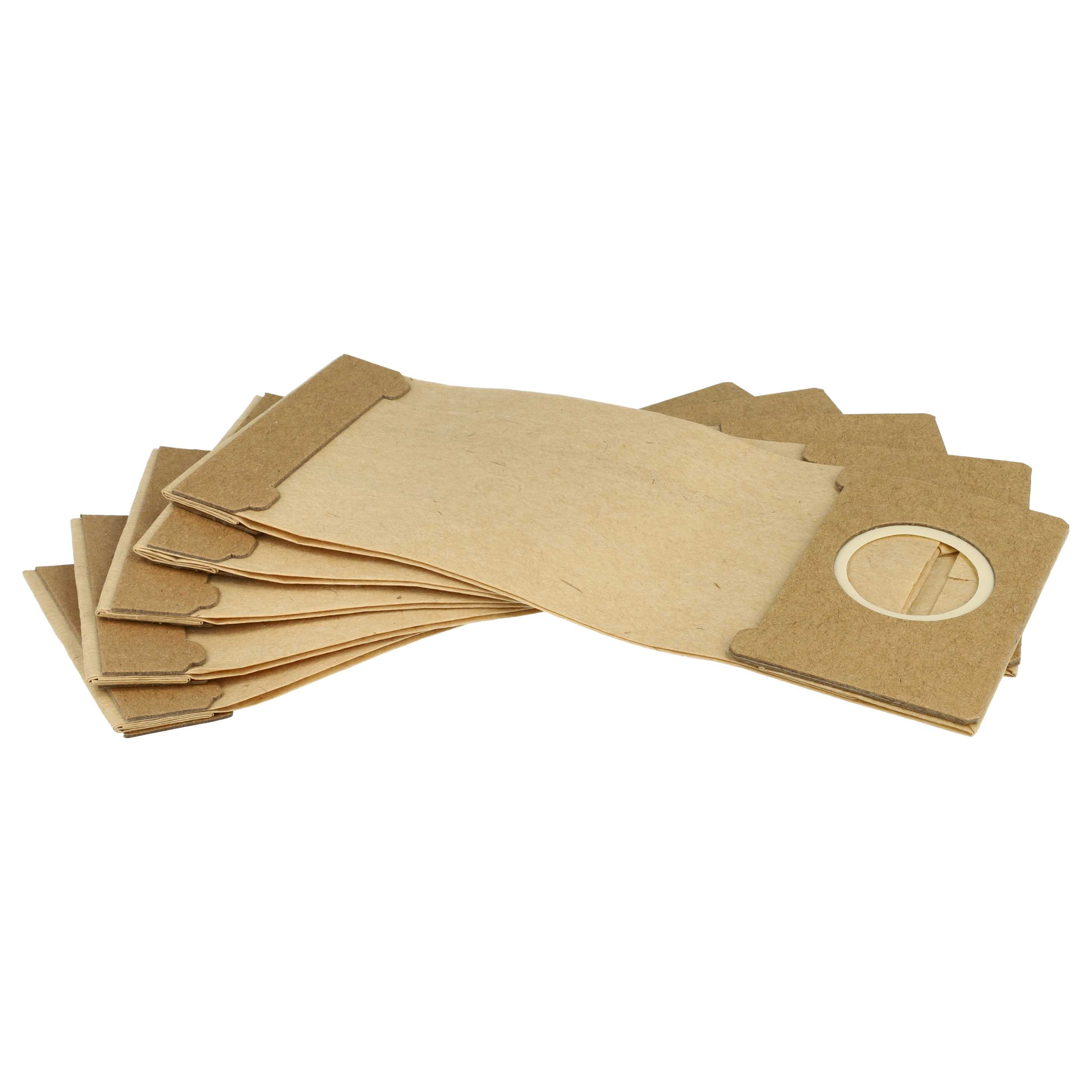 Ein Bündel brauner Staubsaugerbeutel aus Papier mit Pappkragen und Verschlussring auf weißem Hintergrund.