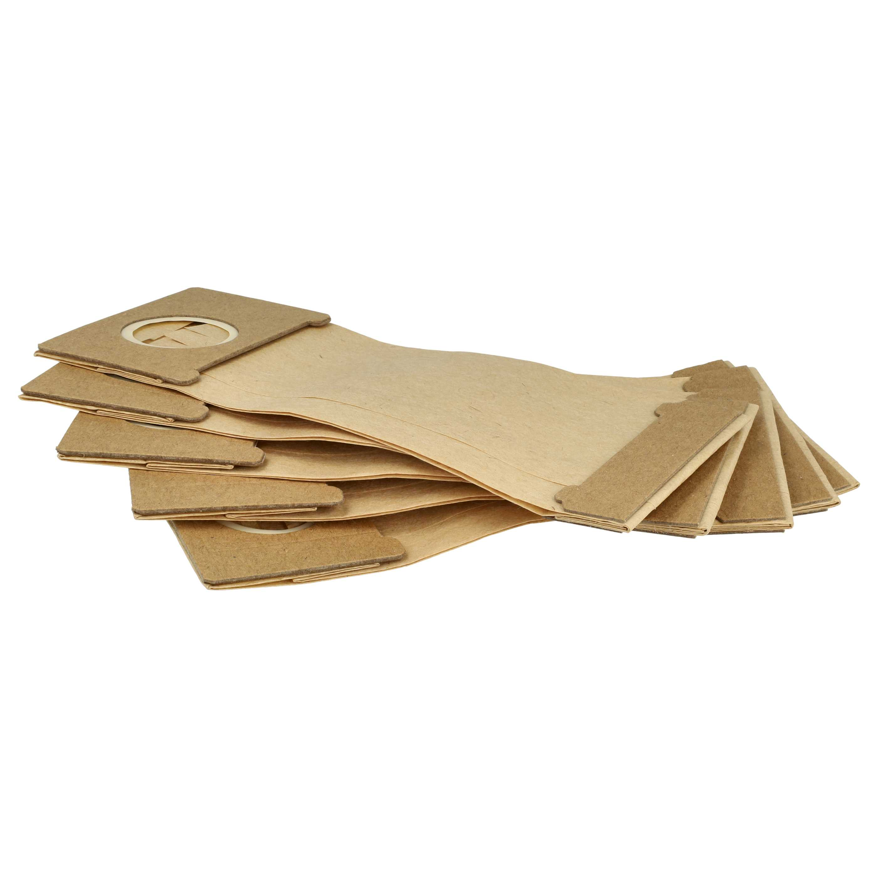Eine Menge braune Papierstaubsaugerbeutel auf weißem Hintergrund.
