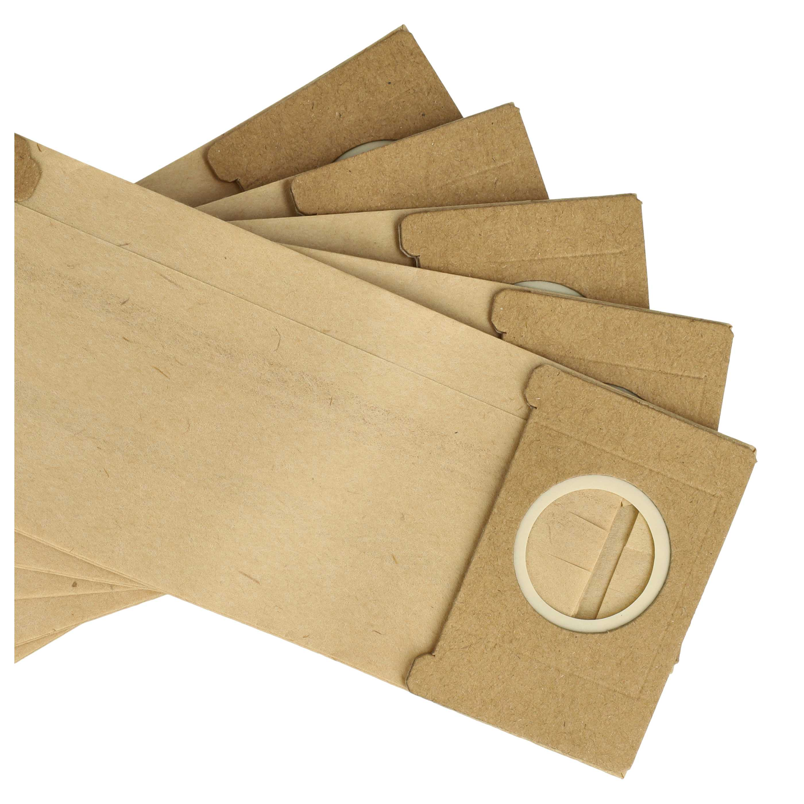 Mehrere braune Staubsaugerbeutel aus Papier mit runden Öffnungen liegen fächerartig auf weißem Hintergrund.