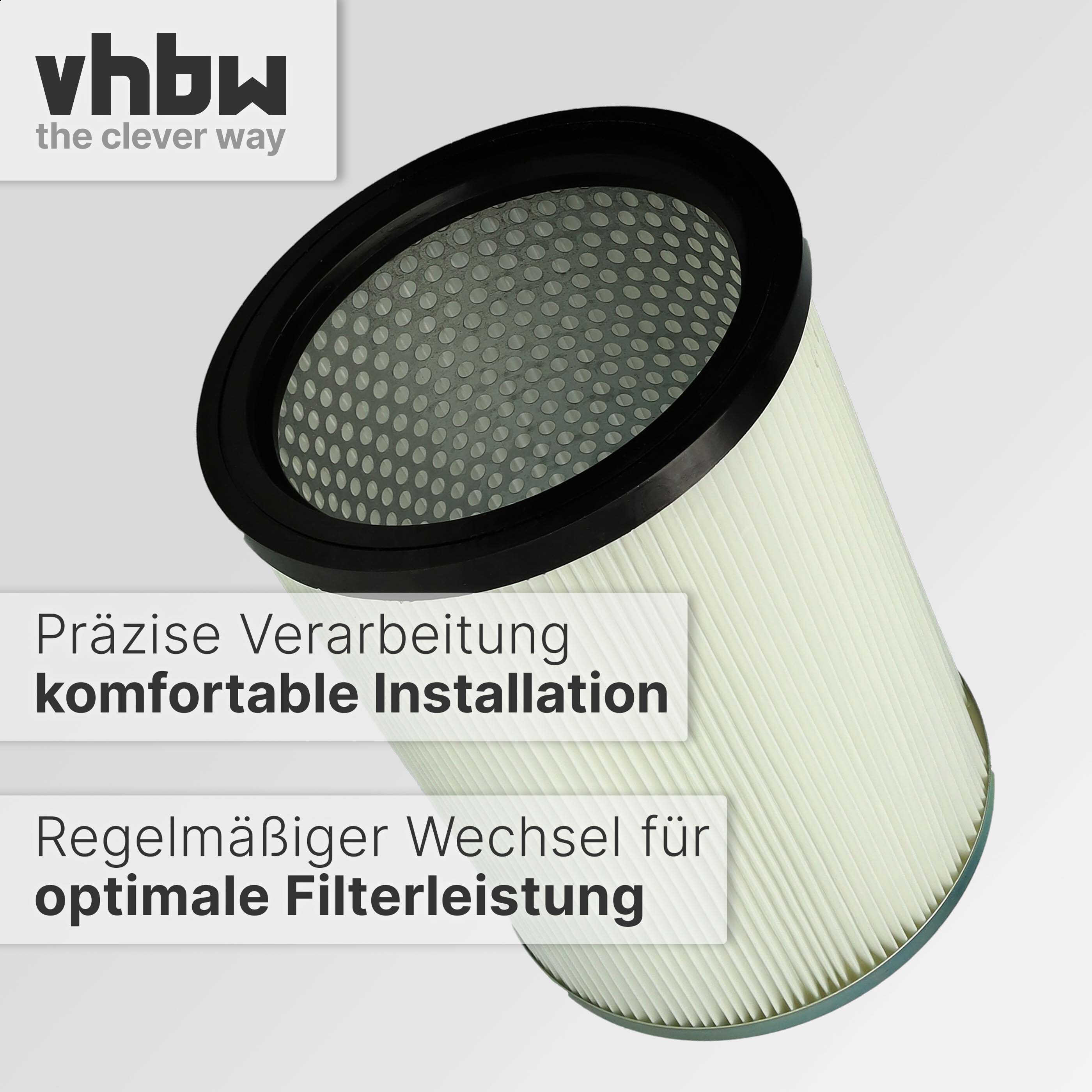 Zylindrischer weißer Staubsaugerfilter mit schwarzem Rand und Lochmuster vor grauem Hintergrund mit Text.