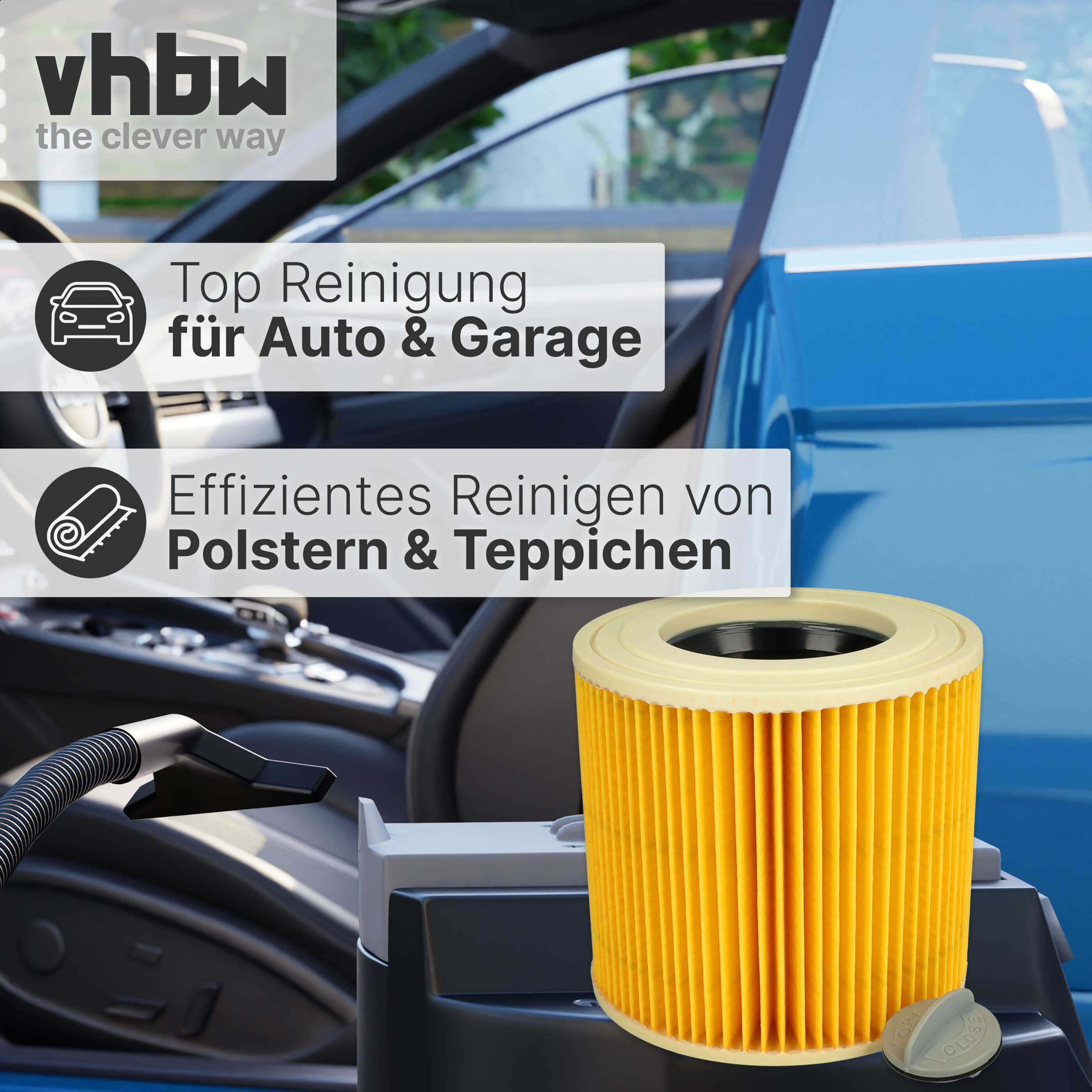 Gelber runder Staubsaugerfilter vor einem Auto, mit Text zur Autoreinigung.
