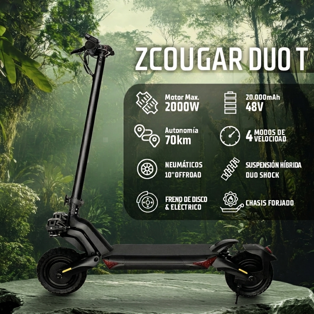 Patinete eléctrico negro en una roca con fondo de selva y especificaciones técnicas.
