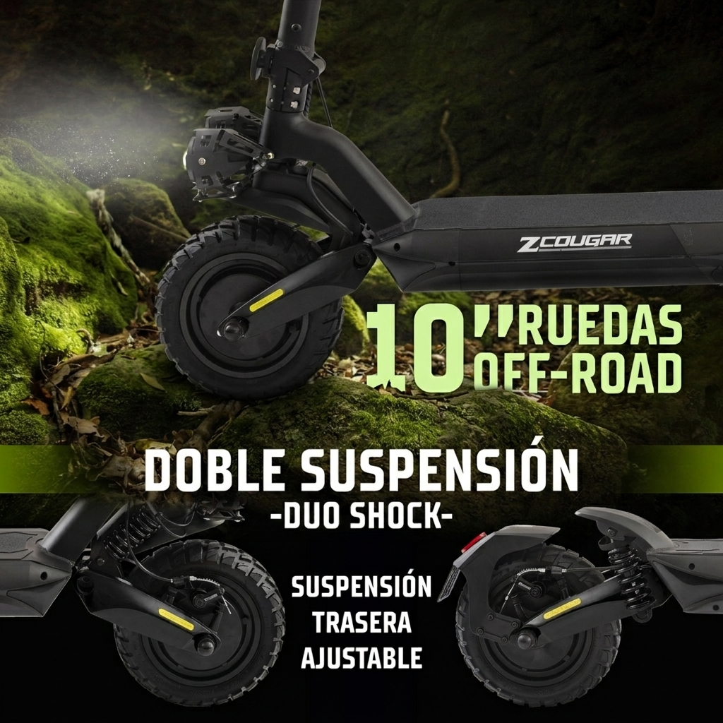 Un patinete eléctrico negro con ruedas off-road grandes y doble suspensión sobre rocas con musgo.