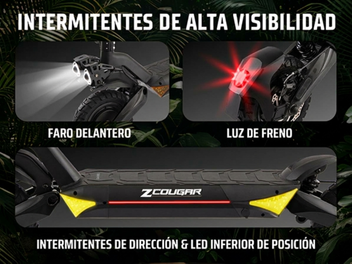 Iluminación del patinete con luces delanteras blancas, luz de freno roja e intermitentes amarillos.