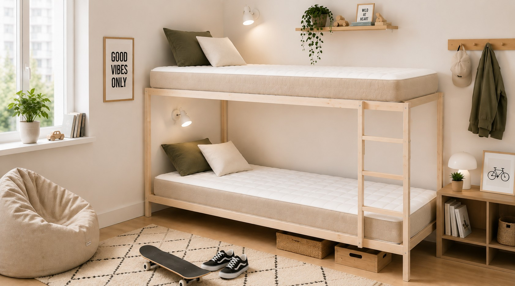 Fa emeletes ágy fehér és zöld párnákkal, gördeszka a szőnyegen és egy babzsákfotel egy világos szobában.