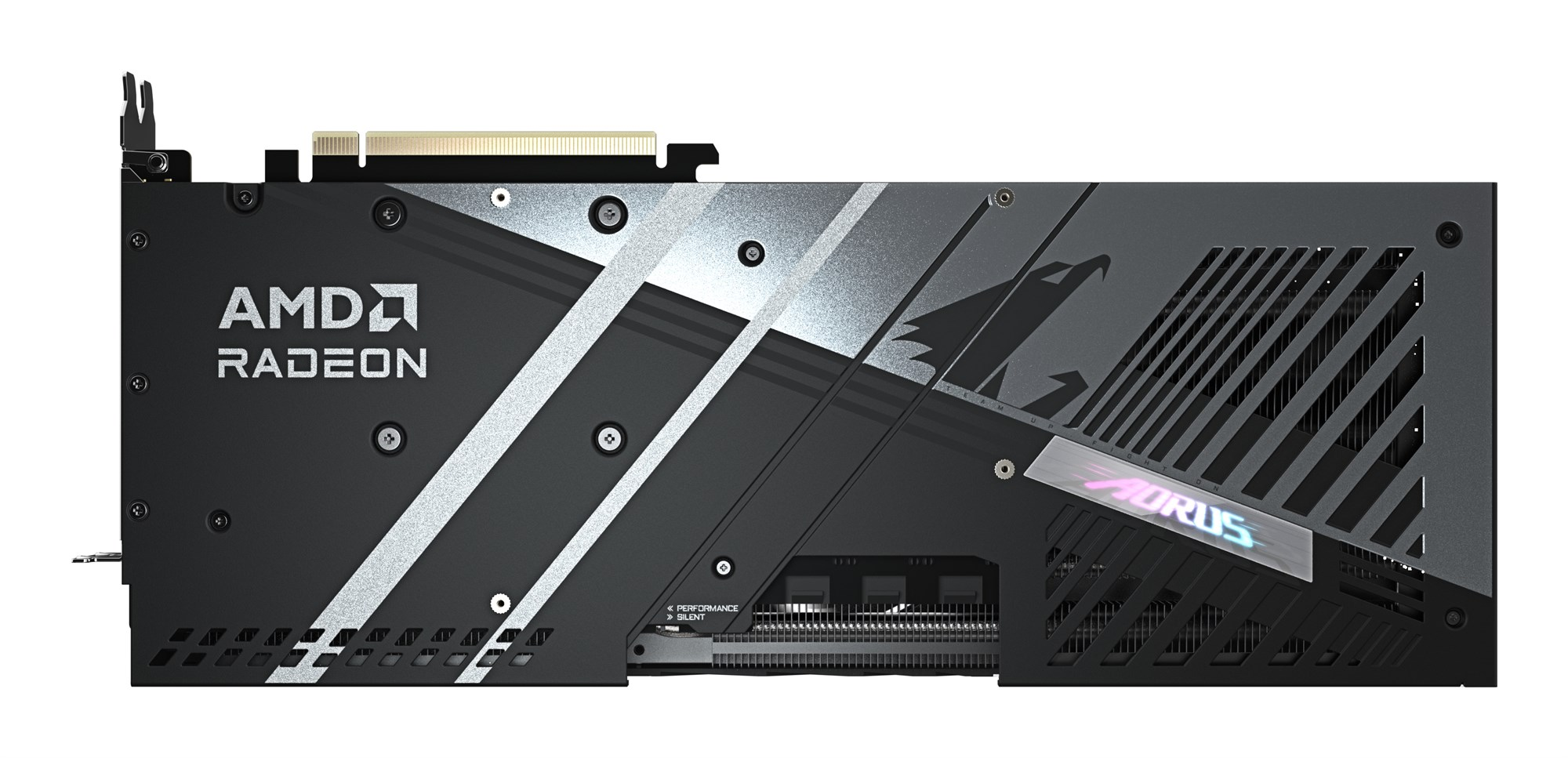 Una tarjeta gráfica AMD Radeon negra y plateada con un logotipo de Aorus sobre fondo blanco.