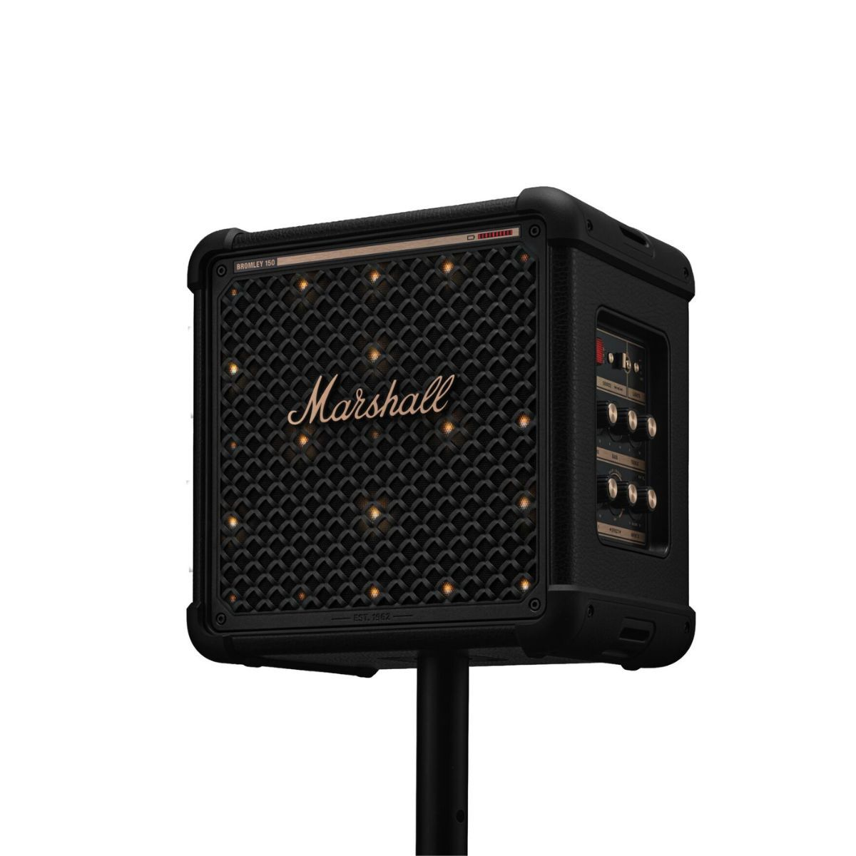 Ein schwarzer Marshall-Lautsprecher auf einem Ständer mit goldenem Logo.