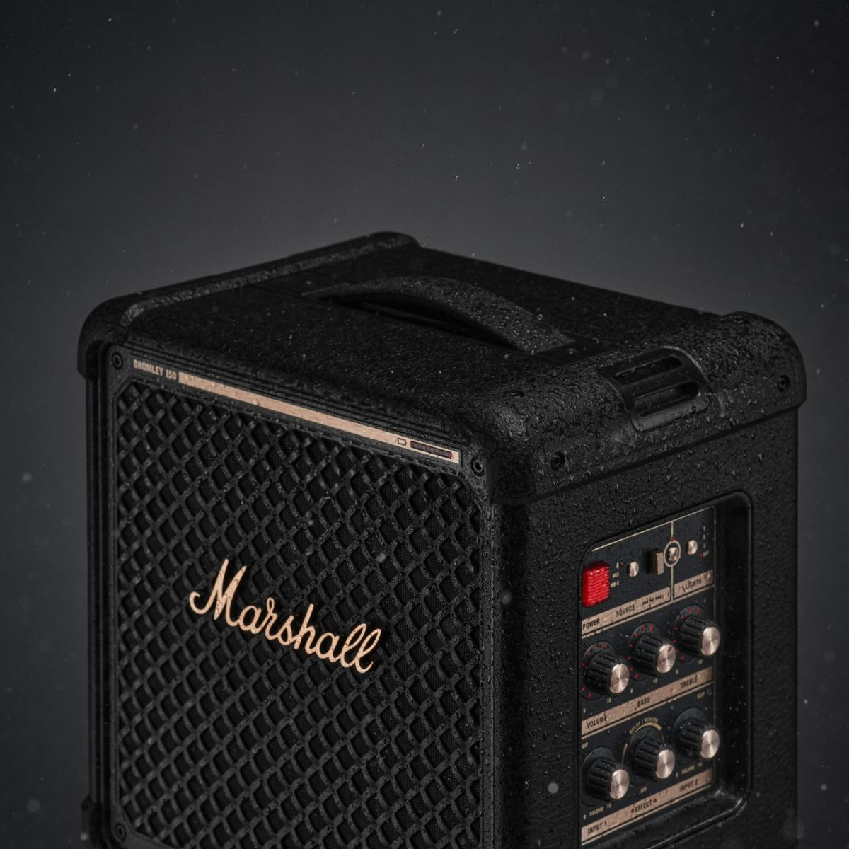 Ein schwarzer, nasse Marshall-Gitarrenverstärker mit goldenem Logo steht vor einem grauen Hintergrund.
