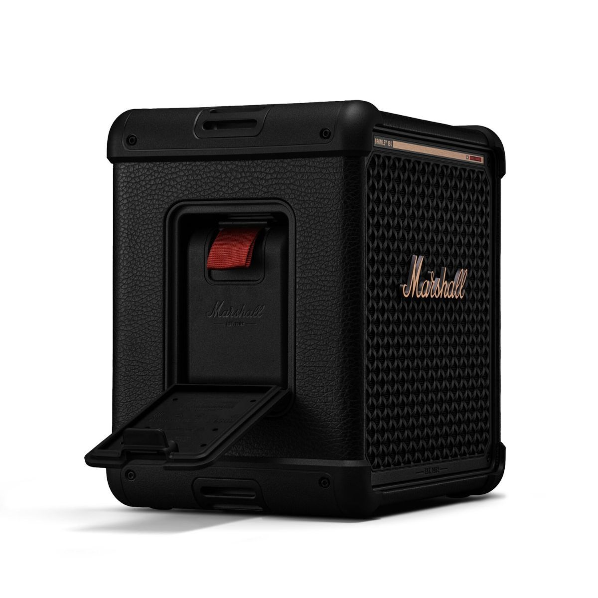 Schwarzer Marshall Bluetooth-Lautsprecher mit Lederoptik und offener Seitenklappe auf weißem Hintergrund.