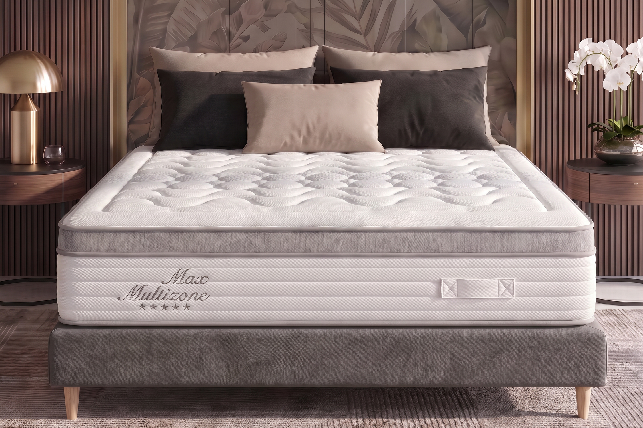 Luxus ágy fehér Max Multizone matraccal, párnákkal és éjjeliszekrényekkel egy elegáns hálószobában.