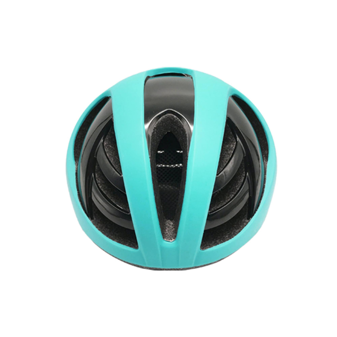 Un casco de bicicleta turquesa con aberturas negras sobre fondo blanco.