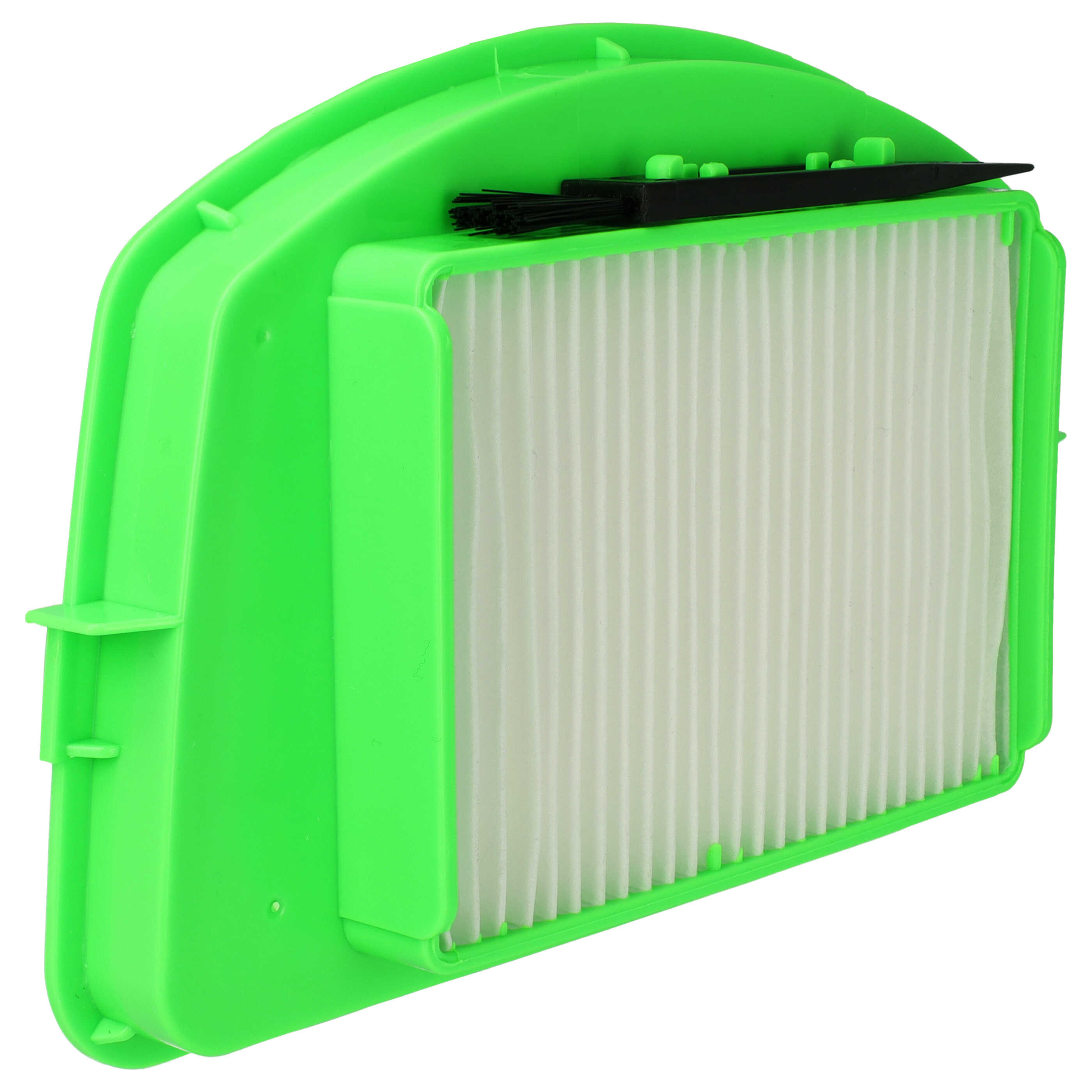 Grüner Staubsaugerfilter mit weißem Faltenfilterelement und schwarzer Reinigungsbürste.