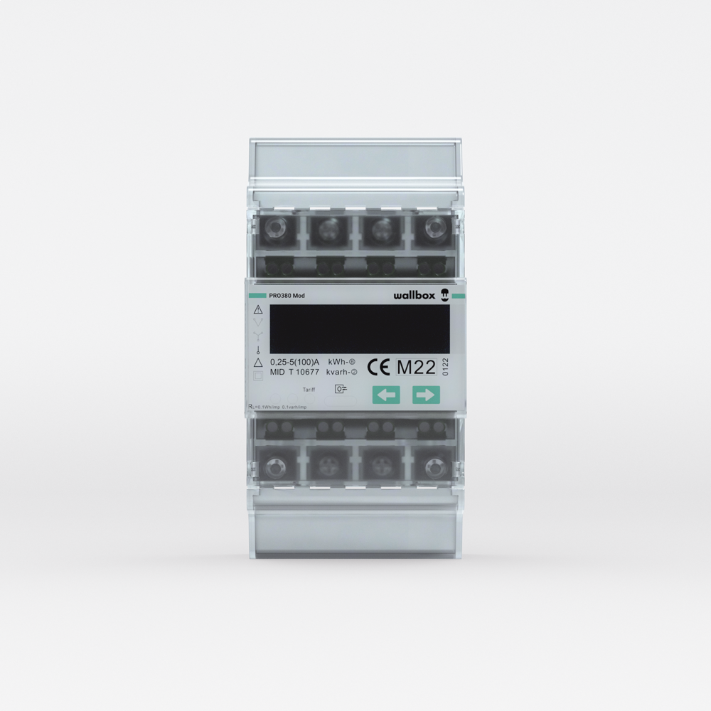 Ein digitaler Wallbox PRO380 Mod Stromzähler mit schwarzem Display und Schraubklemmen auf weißem Hintergrund.