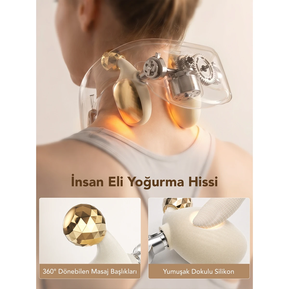 Bir kişi, altın detaylı ve mekanik dişlileri görünen şeffaf bir boyun masaj aleti takıyor.