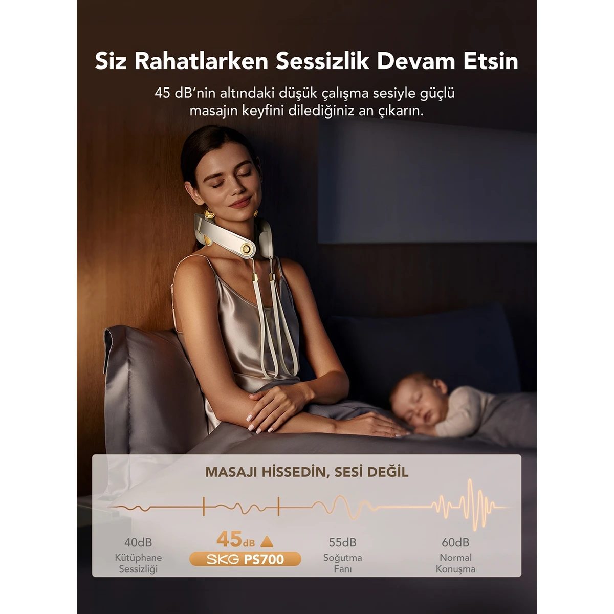 Bir kadın boyun masaj aleti takarken bebek yatakta uyuyor. Desibel seviyeleri grafiği.