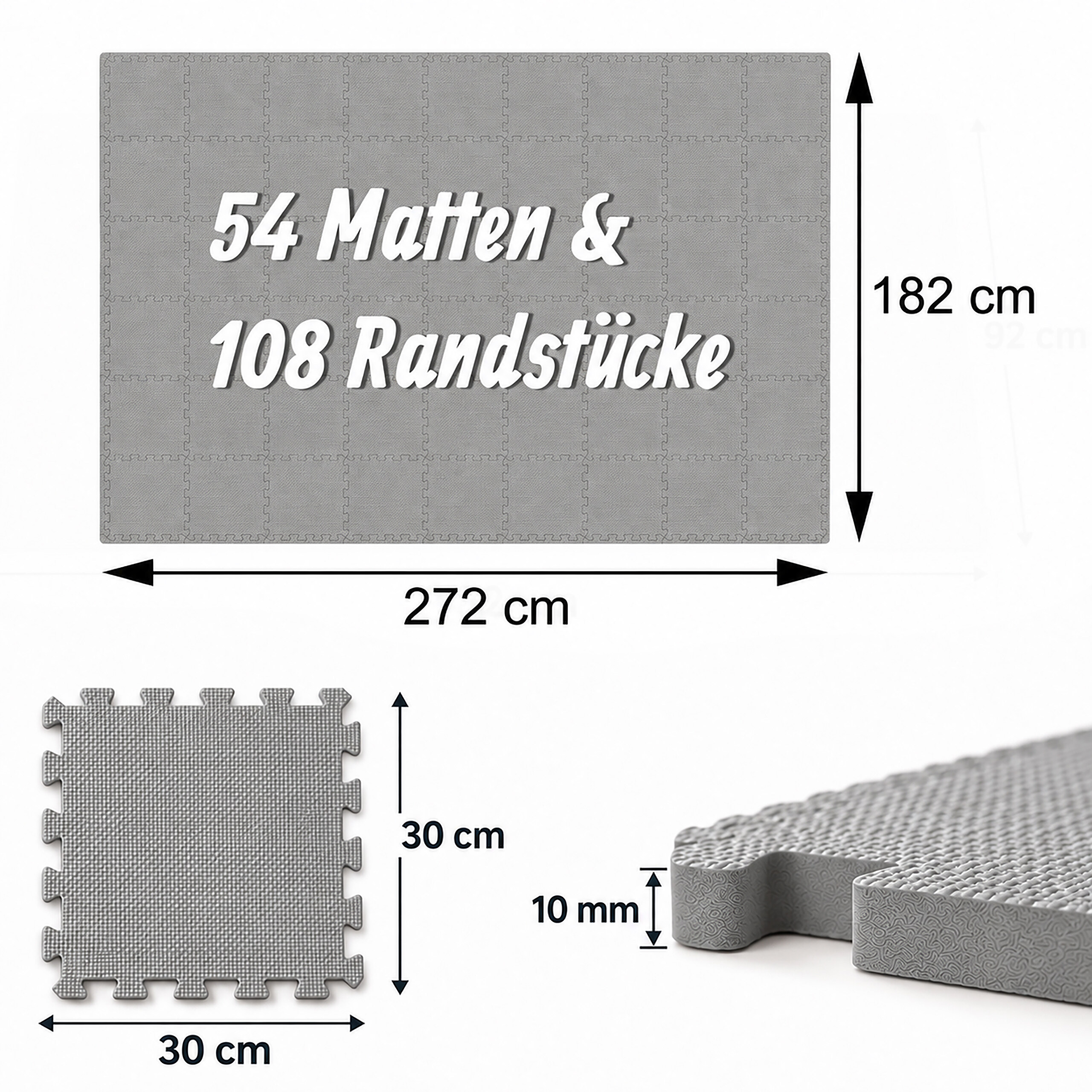 Graue Puzzlematten mit Maßen von 272x182 cm, Einzelelementen von 30x30 cm und einer Dicke von 10 mm.