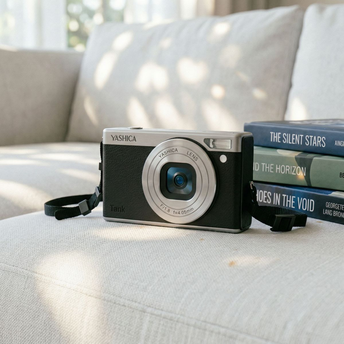 Eine schwarze Yashica Kamera ruht auf einem hellen Sofa neben gestapelten Büchern.