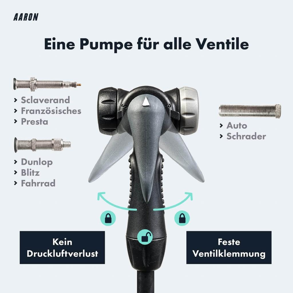 Eine Fahrradpumpe mit universellem Ventilaufsatz für Presta-, Dunlop- und Schrader-Ventile.