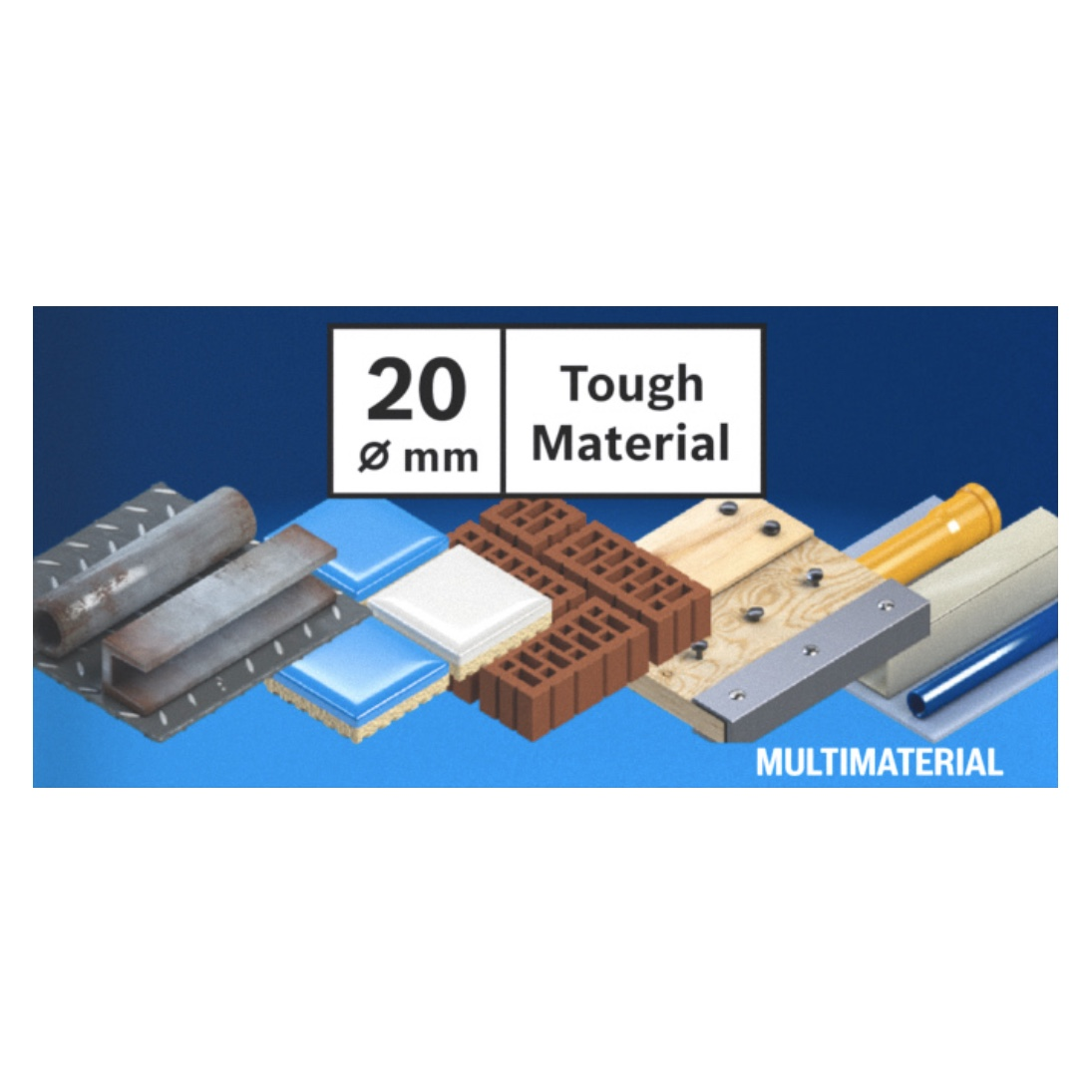 Verschiedene Baumaterialien wie Metall, Ziegel und Holz unter einem Text für 20 mm robuste Materialien.
