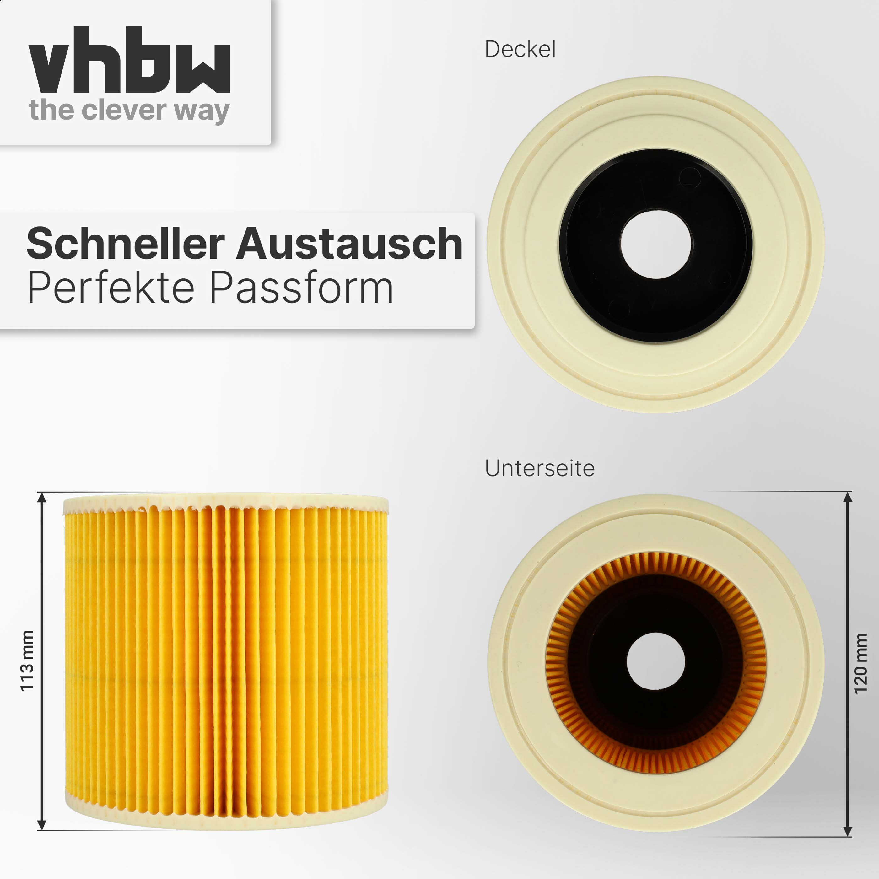 Gelber zylindrischer Lamellenfilter mit Maßen und Ansichten von oben und unten vor weißem Hintergrund.