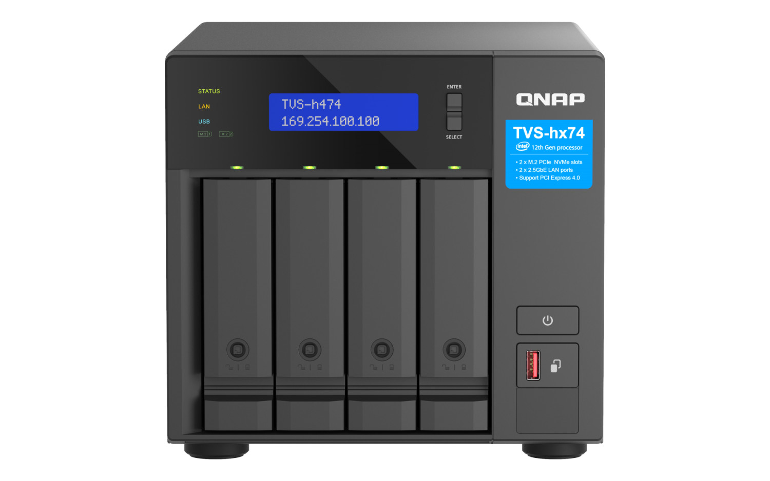 Dispositivo NAS QNAP grigio con quattro vani disco, display LCD blu e adesivi blu.