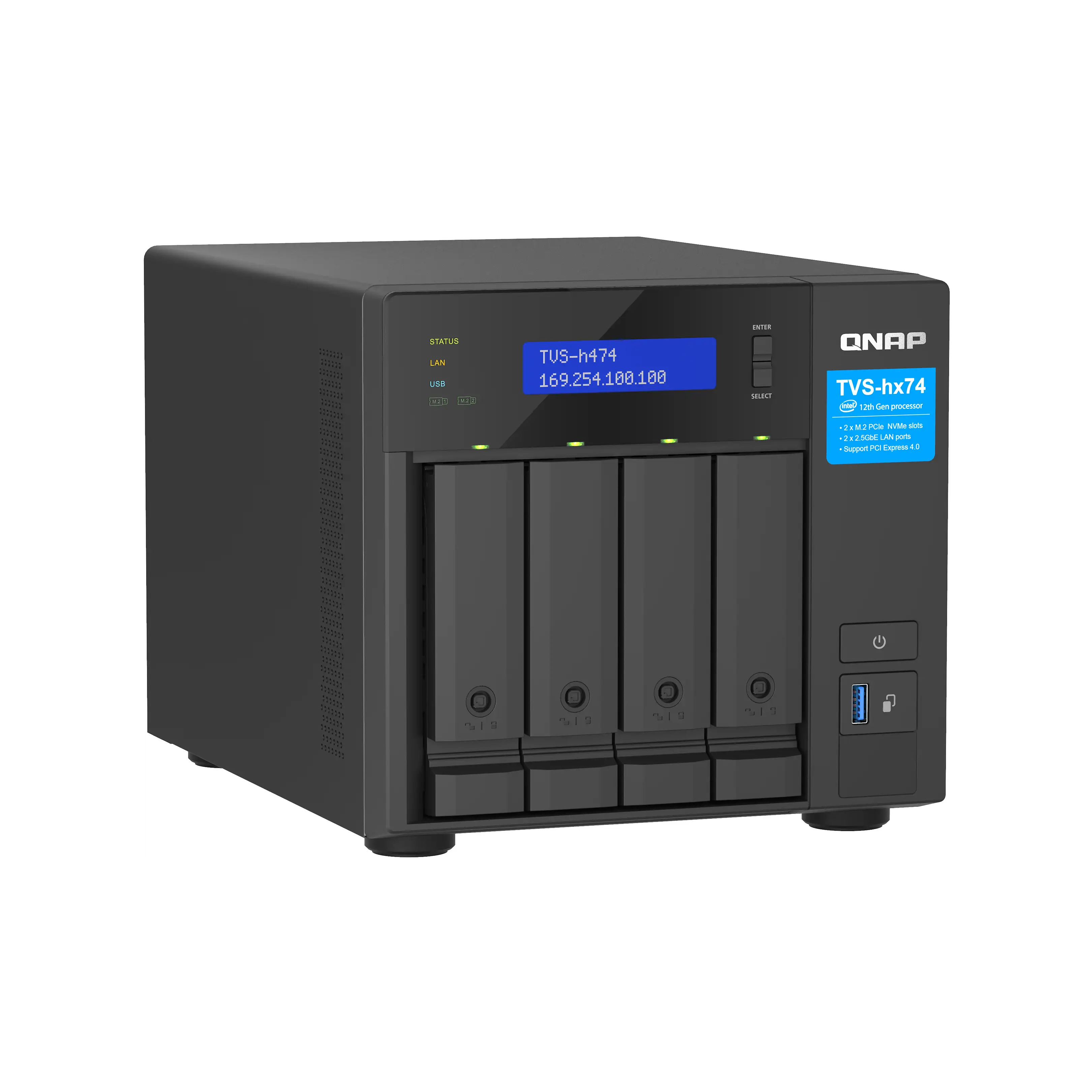 Dispositivo NAS QNAP TVS-h474 nero con quattro vani disco, schermo LCD e adesivi blu.