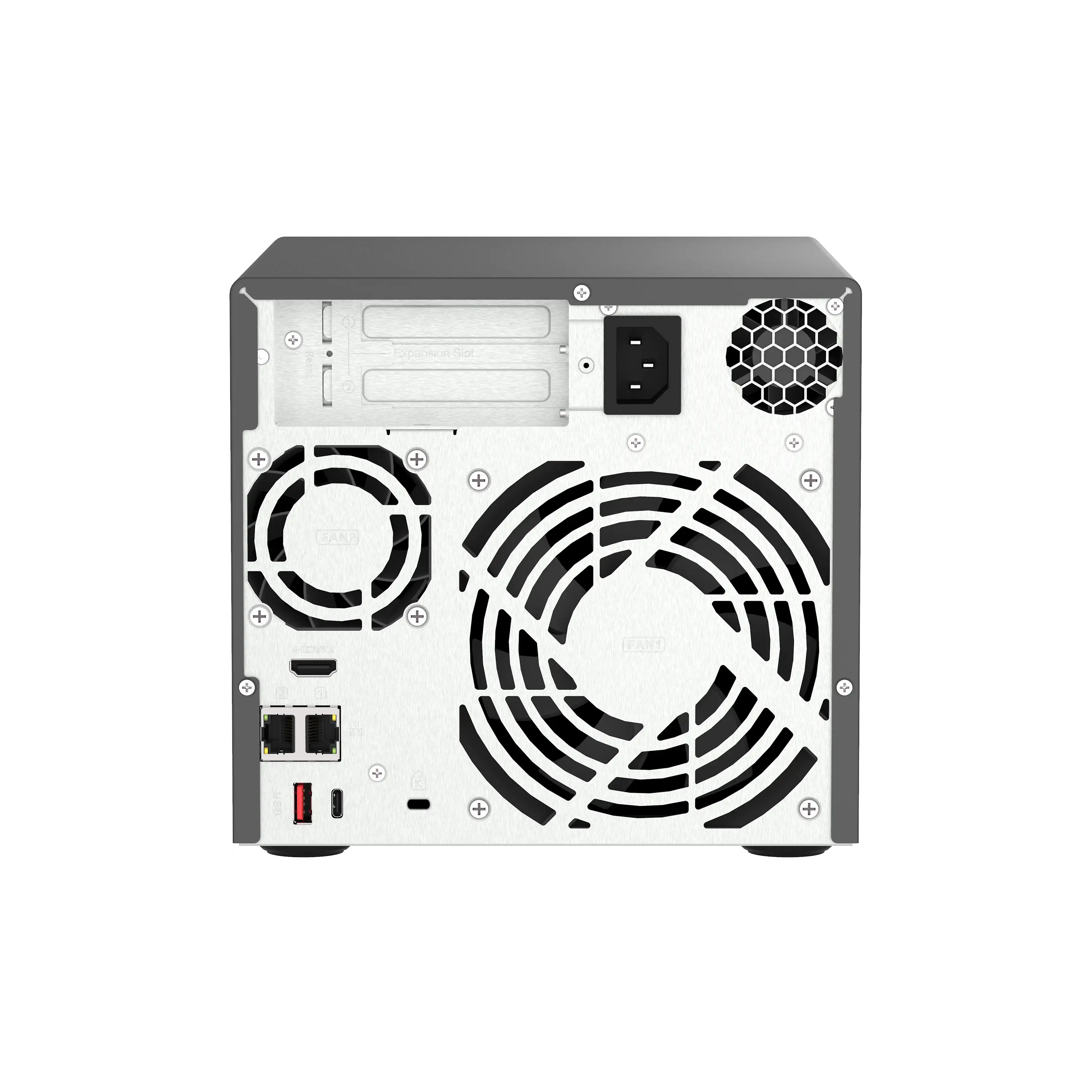 Vista posteriore di un dispositivo NAS con due ventole, presa di corrente e porte USB.