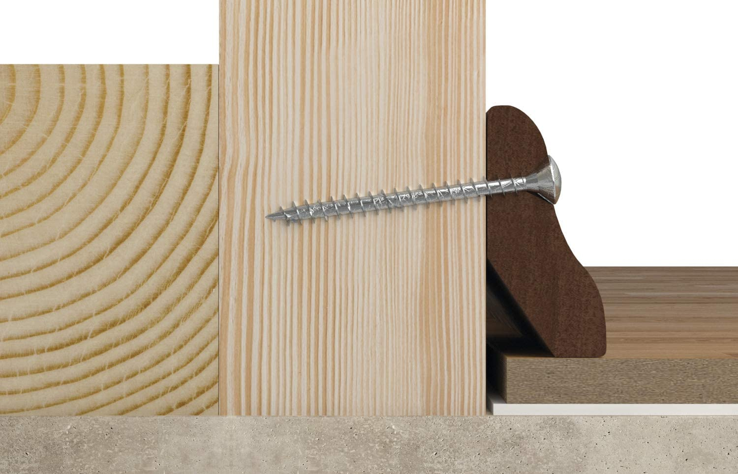 Eine silberne Schraube durchbohrt Holzbalken über einem Betonboden, mit einer braunen Zierleiste rechts.