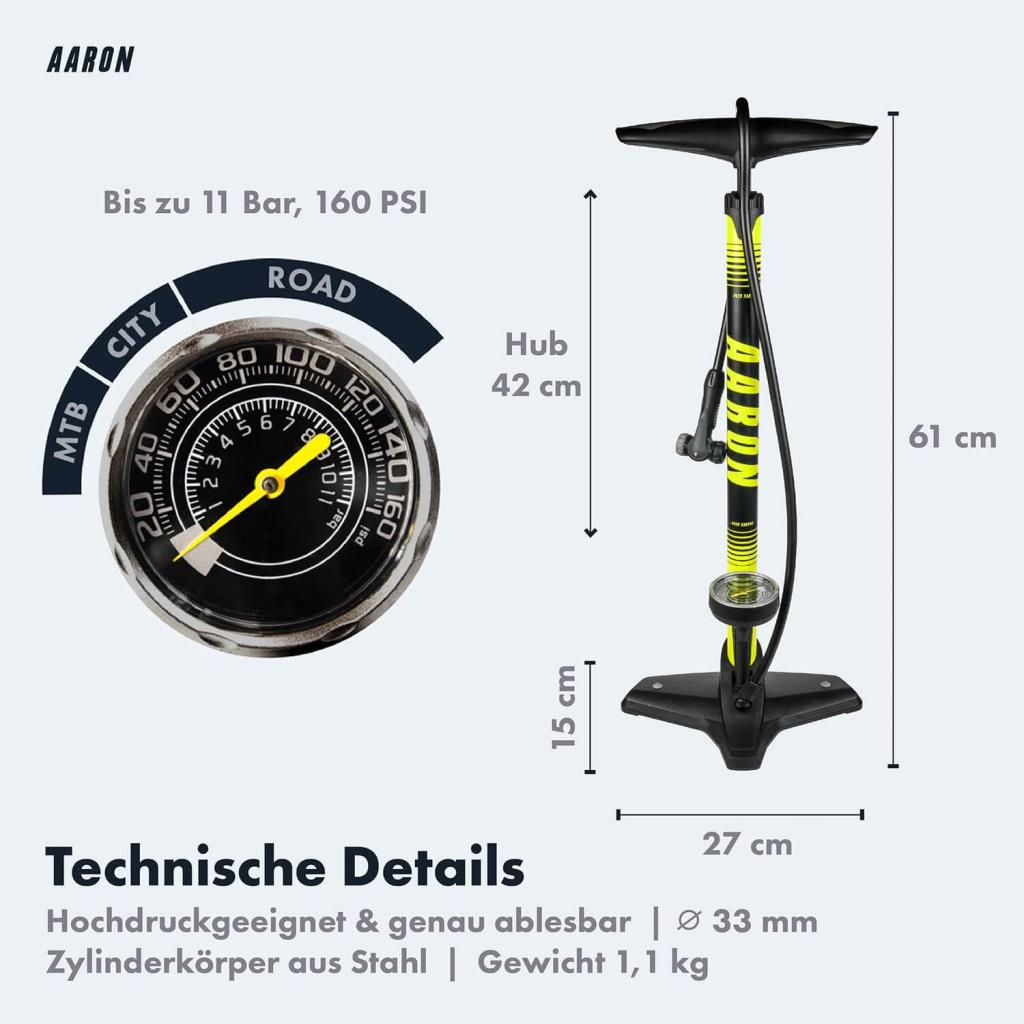 Technische Details einer gelb-schwarzen Aaron Standluftpumpe mit Manometer und Maßangaben.