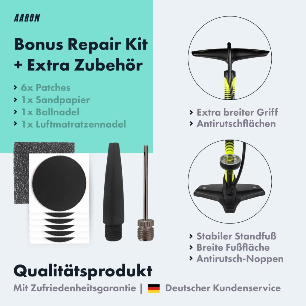Produktwerbung für ein Reparaturset und Zubehör einer Luftpumpe mit Texten auf Deutsch.