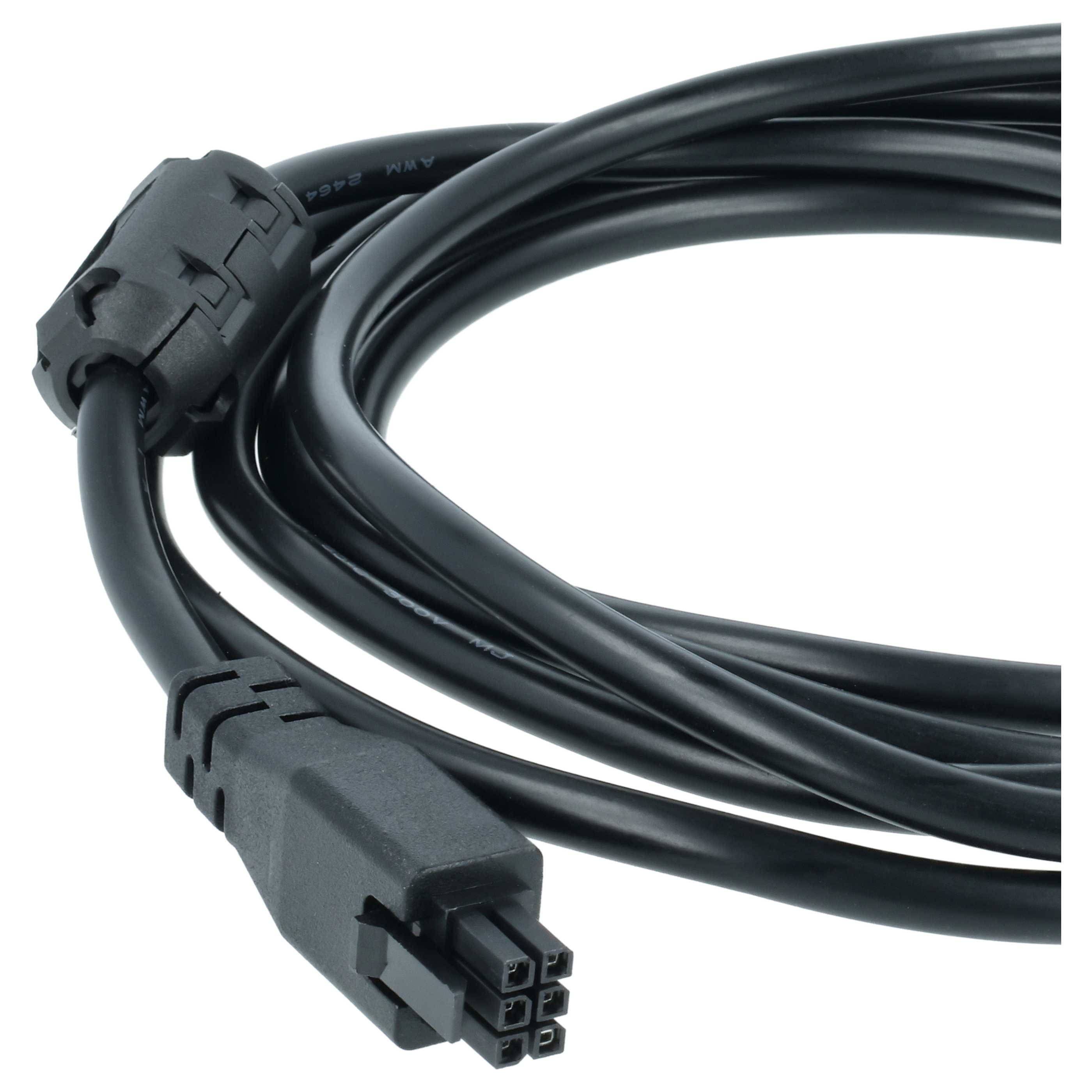 Ein schwarzes Stromkabel mit einem Ferritkern und einem 6-poligen Stecker.