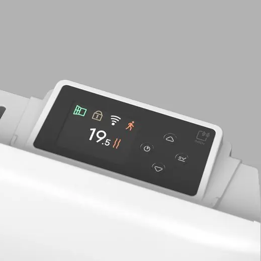 Digitales Display eines weißen Heizgeräts mit der Anzeige 19,5 Grad, WLAN und Bedienelementen.