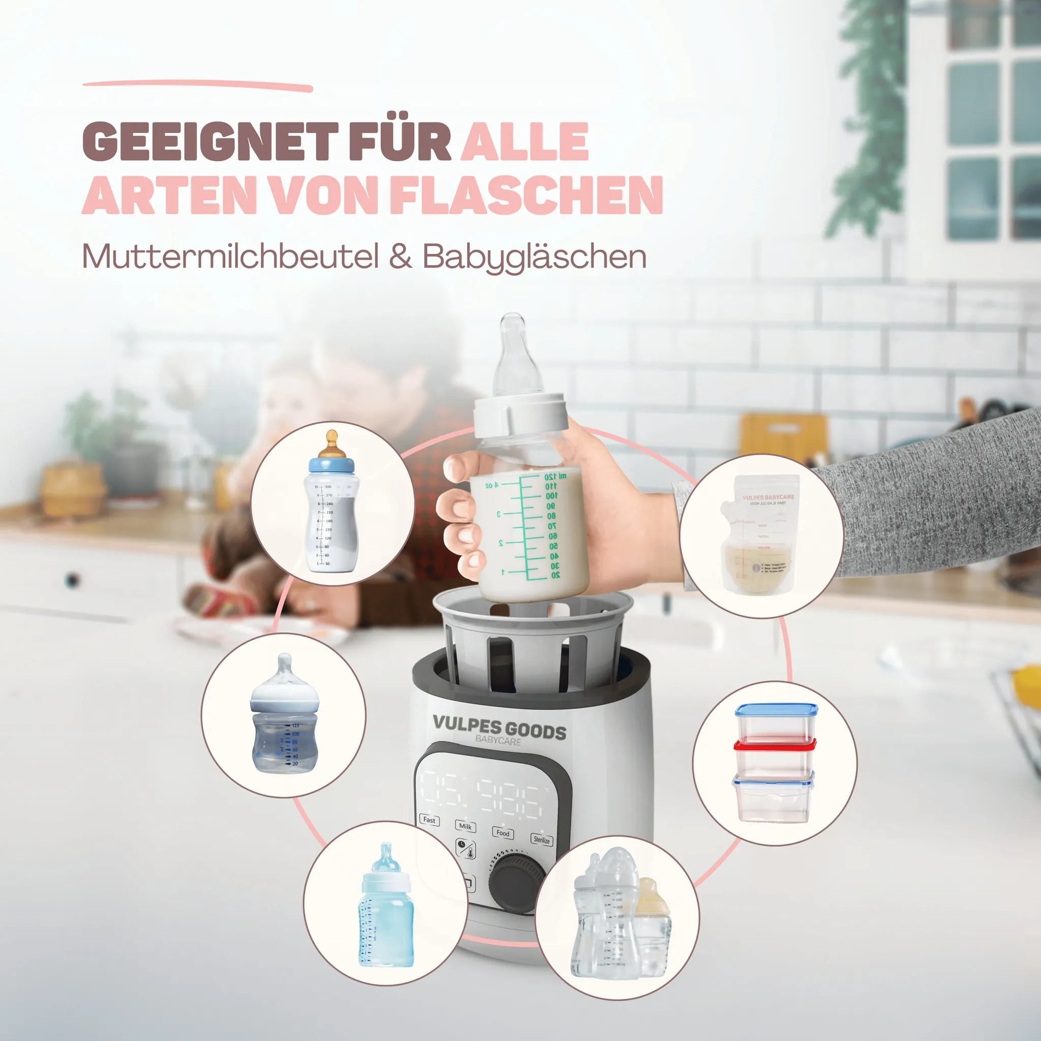 Ein Flaschenwärmer in einer Küche mit Kreisen, die verschiedene Flaschen, Beutel und Behälter zeigen.