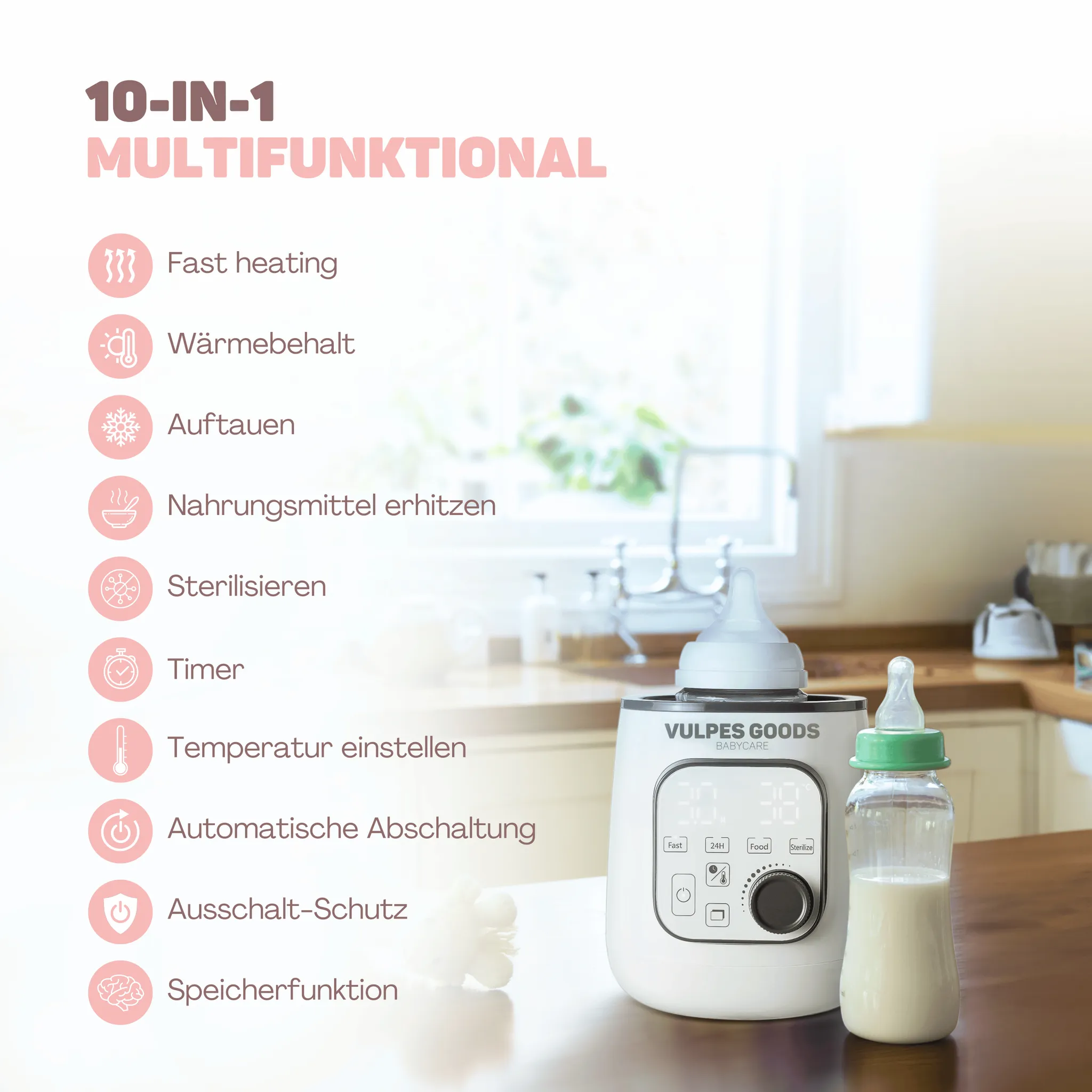 Multifunktionaler Babyflaschenwärmer auf Holztisch, links Textliste mit 10 Funktionen.