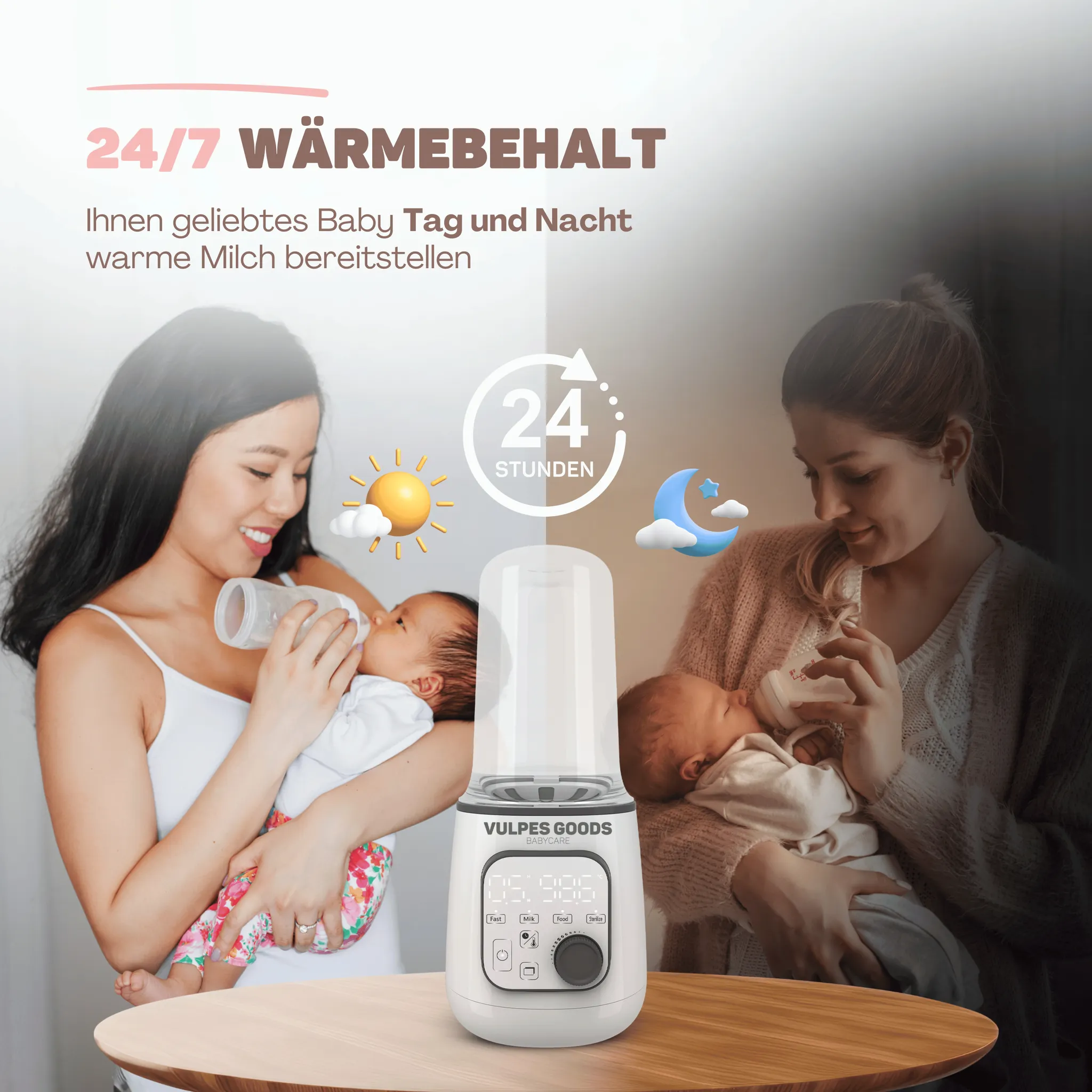 Ein Flaschenwärmer steht auf einem Tisch, flankiert von zwei Müttern, die Babys füttern, mit Tag- und Nachtsymbolen.