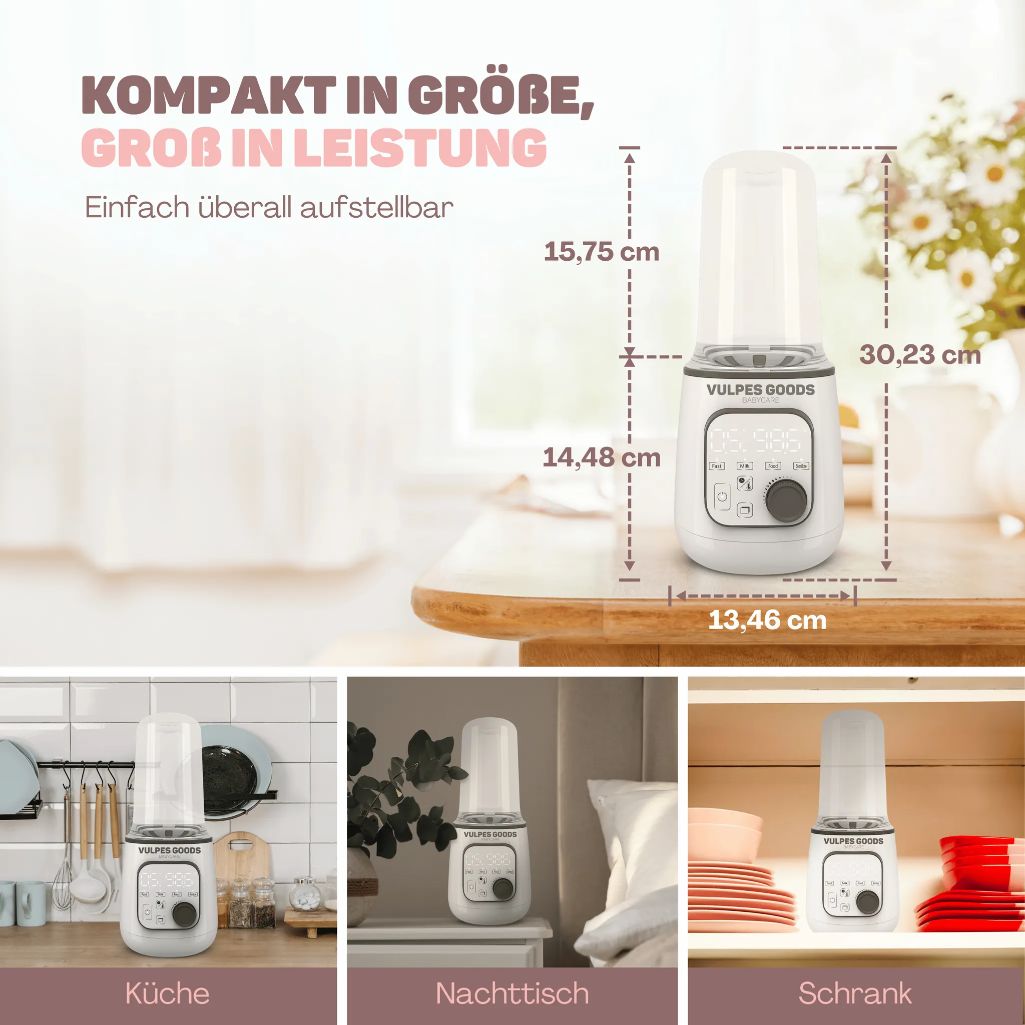 Produktbild eines kompakten, weißen Babyflaschenwärmers mit Maßen und drei Anwendungsszenen in Küche, Nachtisch und Schrank.