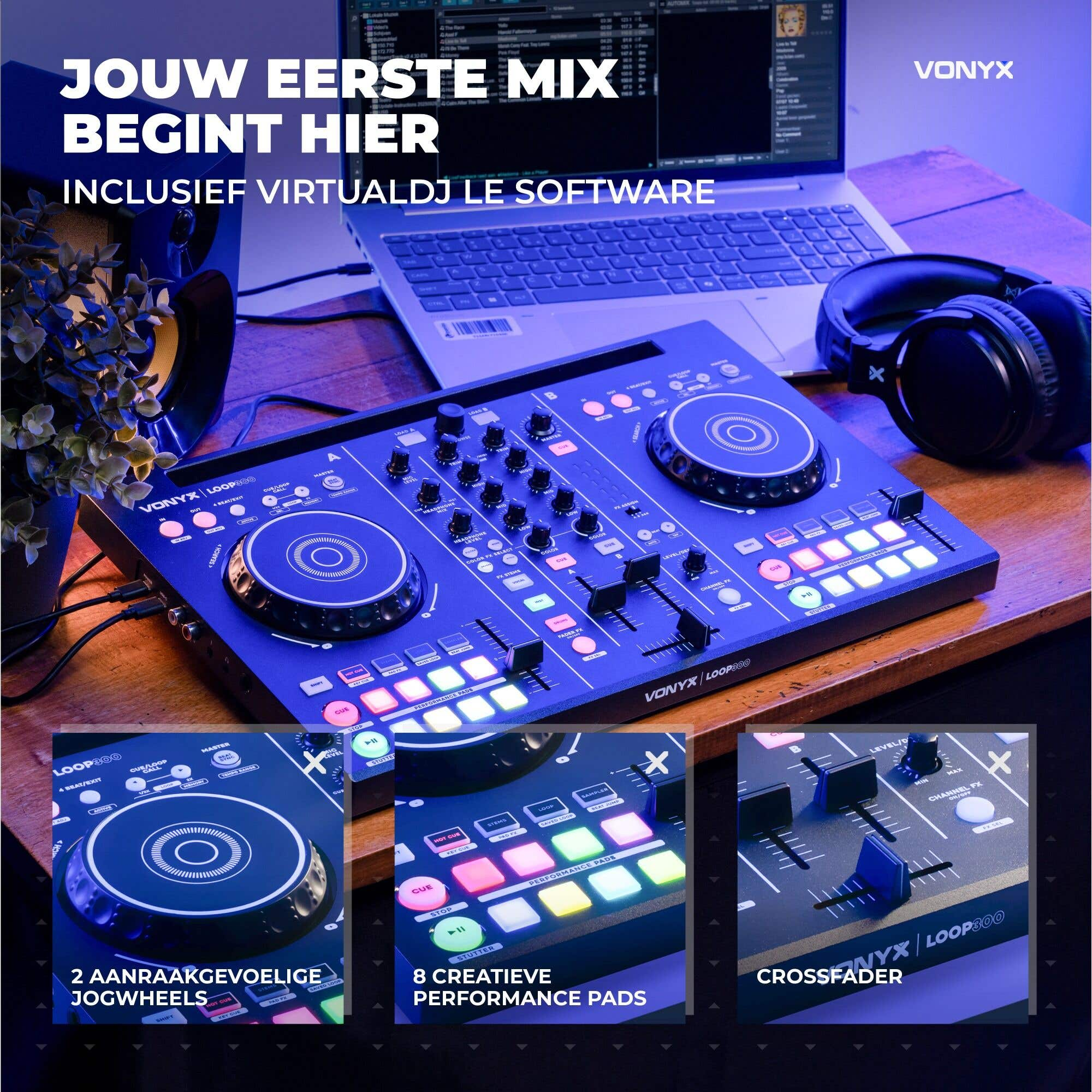 Ein Vonyx LOOP300 DJ-Controller mit Laptop und Kopfhörer auf einem Holztisch, inklusive Textgrafiken.