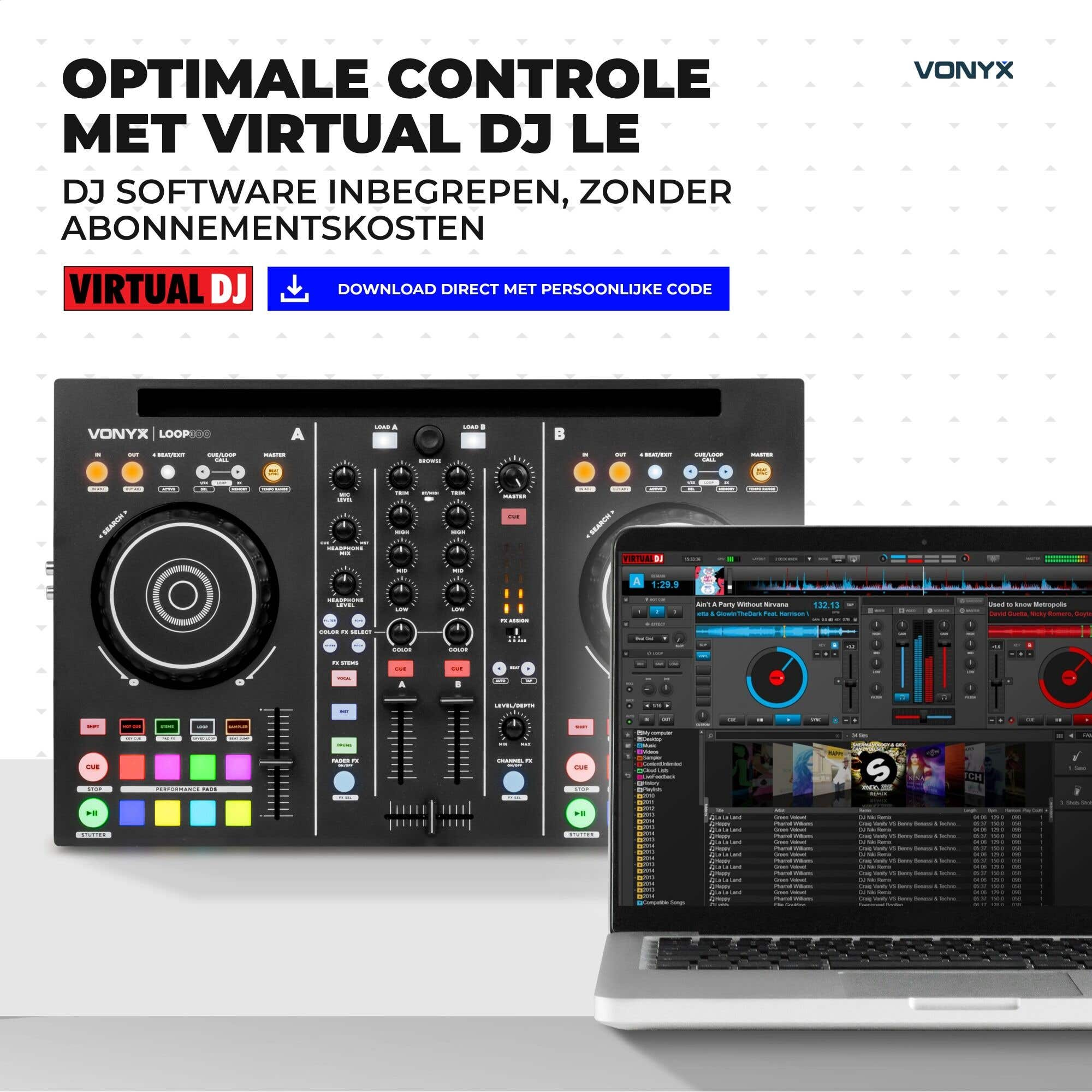 Vonyx DJ-Controller mit Virtual DJ Software, zwei Decks, Reglern und Performance-Pads.