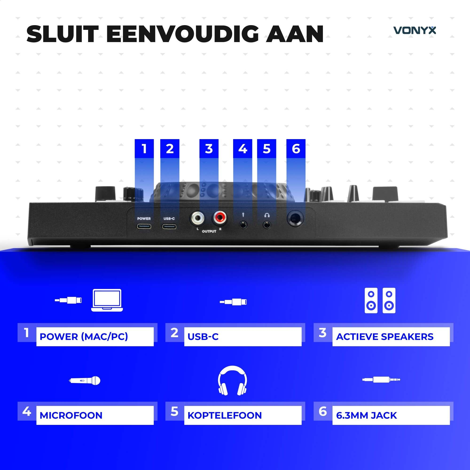 Rückseite eines Audio-DJ-Controllers mit nummerierten Anschlüssen für Power, USB, Lautsprecher, Mikrofon und Kopfhörer.