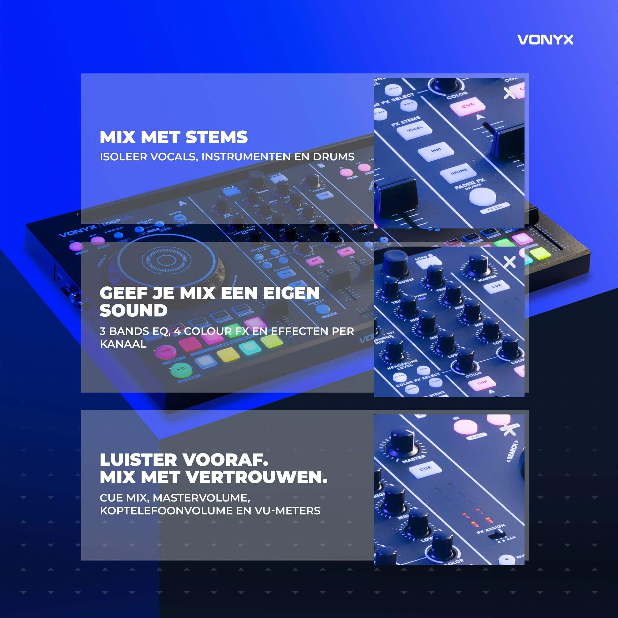 Ein schwarzer Vonyx DJ-Mixer auf blauem Hintergrund mit niederländischen Werbetexten.