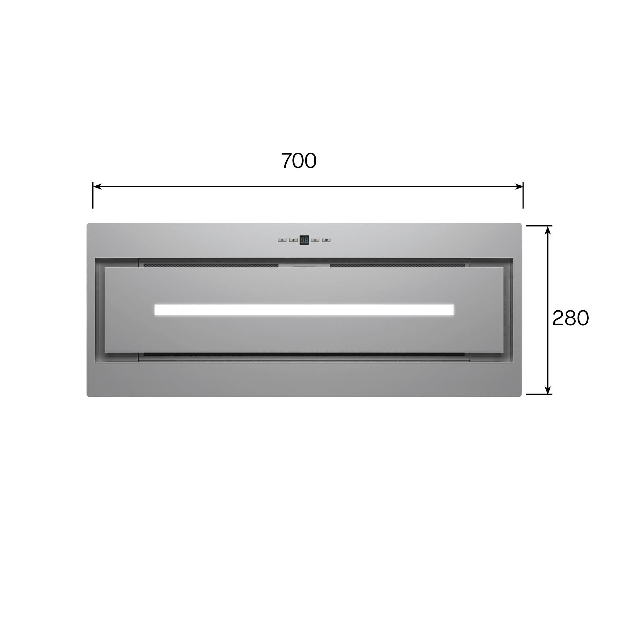 Campana extractora gris con tira LED horizontal e indicadores de dimensión 700 y 280.