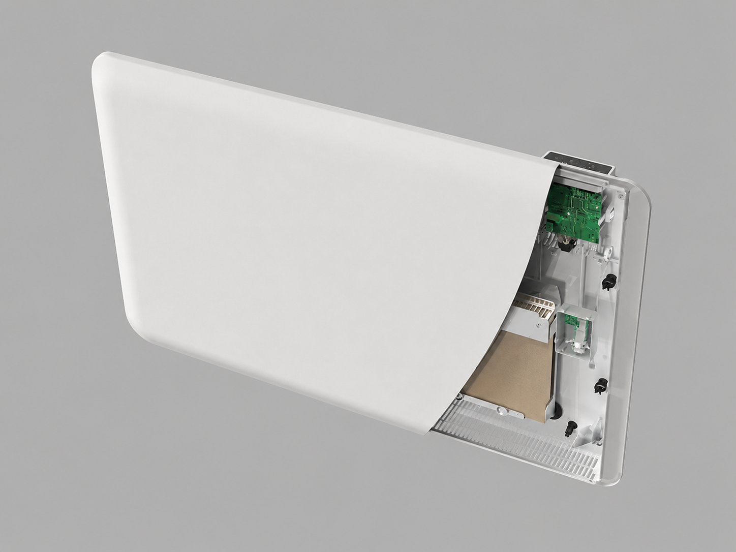 Ein weißer Heizkörper mit freiliegender interner Elektronik und Bauteilen auf der rechten Seite vor grauem Hintergrund.