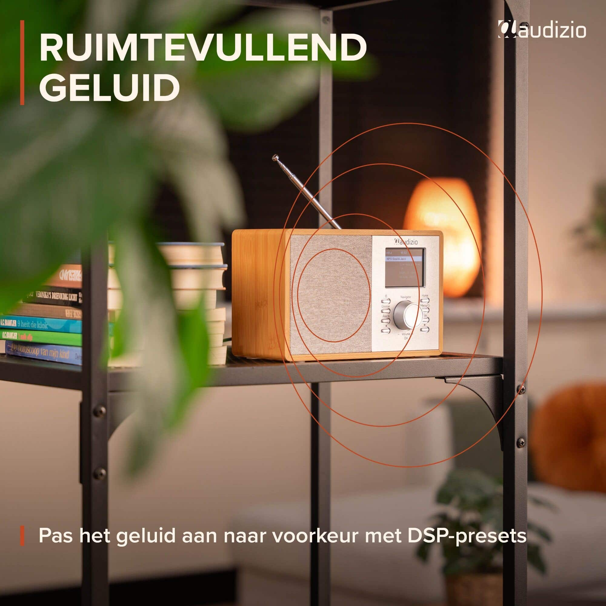 Ein hölzernes Audizio Radio steht auf einem Metallregal mit Büchern daneben.