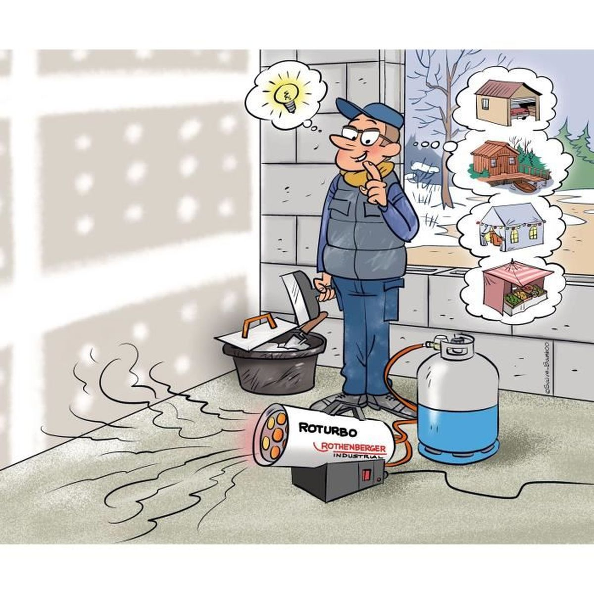 Ein Arbeiter denkt über den Einsatz eines Roturbo-Gasheizers in verschiedenen Gebäuden nach.