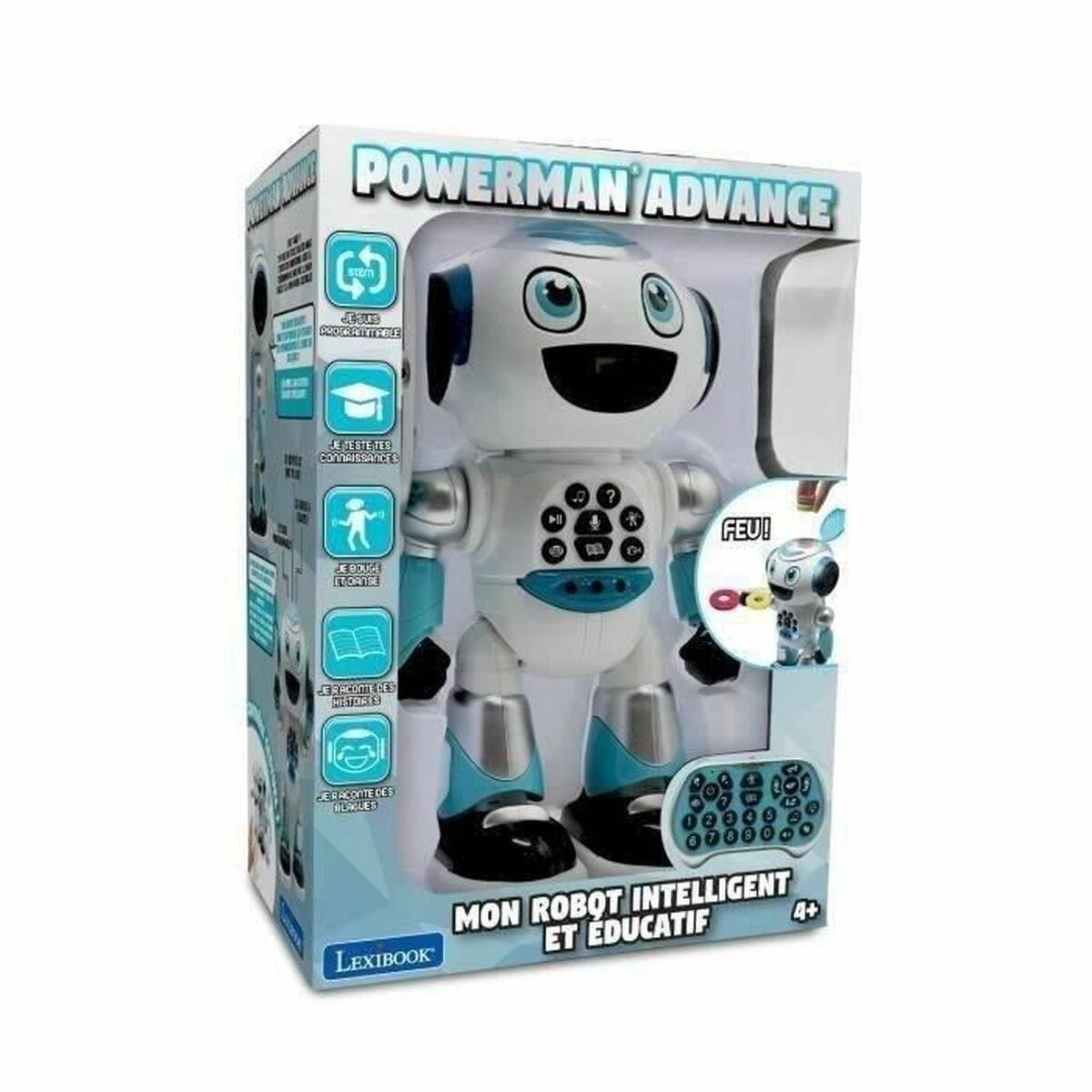 Verpackter weiß-türkiser Powerman Advance Roboter mit Knöpfen und Fernbedienung.