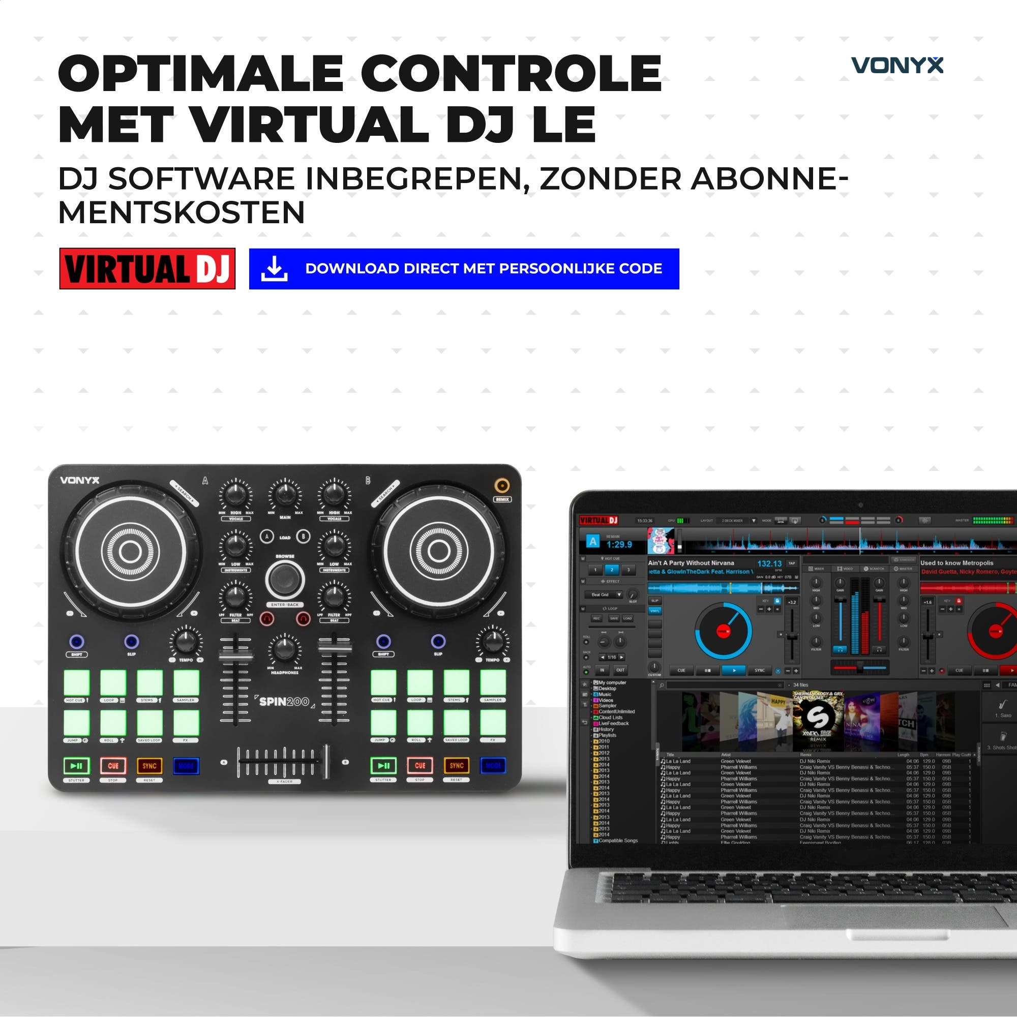 DJ-Controller SPIN200 mit Software Virtual DJ LE und Laptop auf weißem Hintergrund.