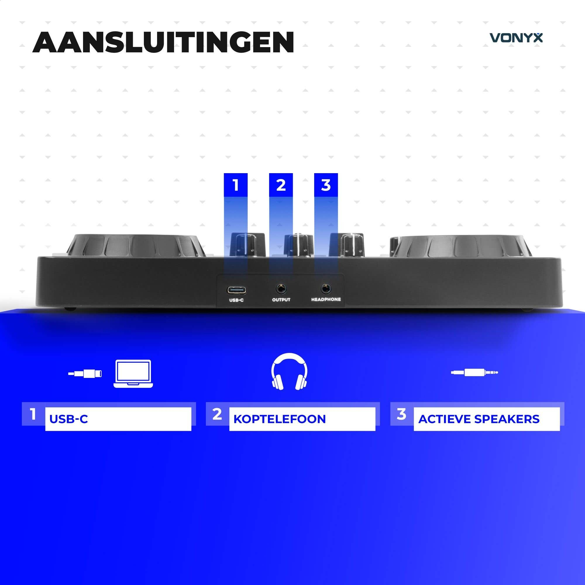 DJ-Controller-Rückseite zeigt USB-C, Audio-Ausgang und Kopfhöreranschluss.