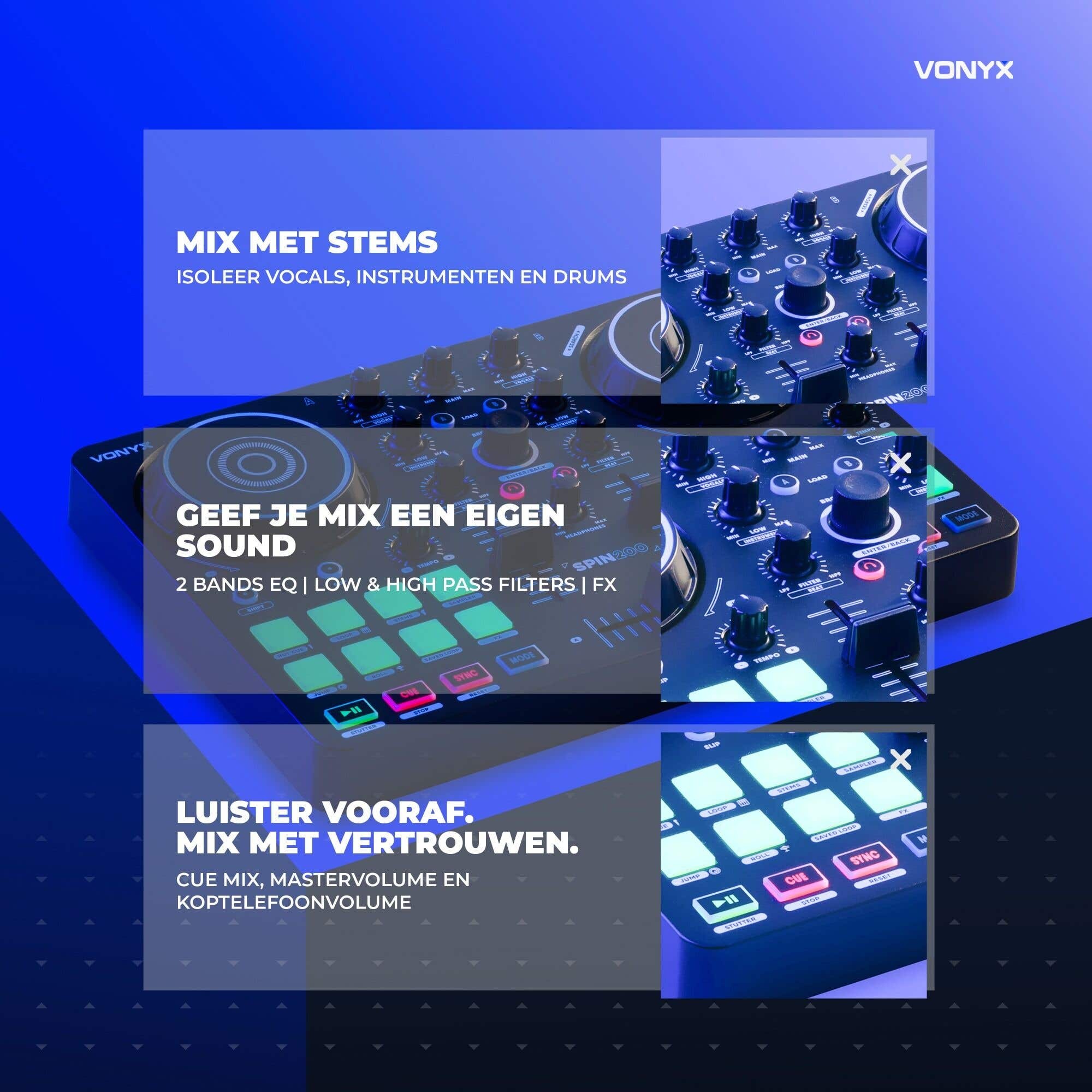 Vonyx DJ-Controller mit leuchtend blauen Pads und Reglern, überlagert mit Werbetext.